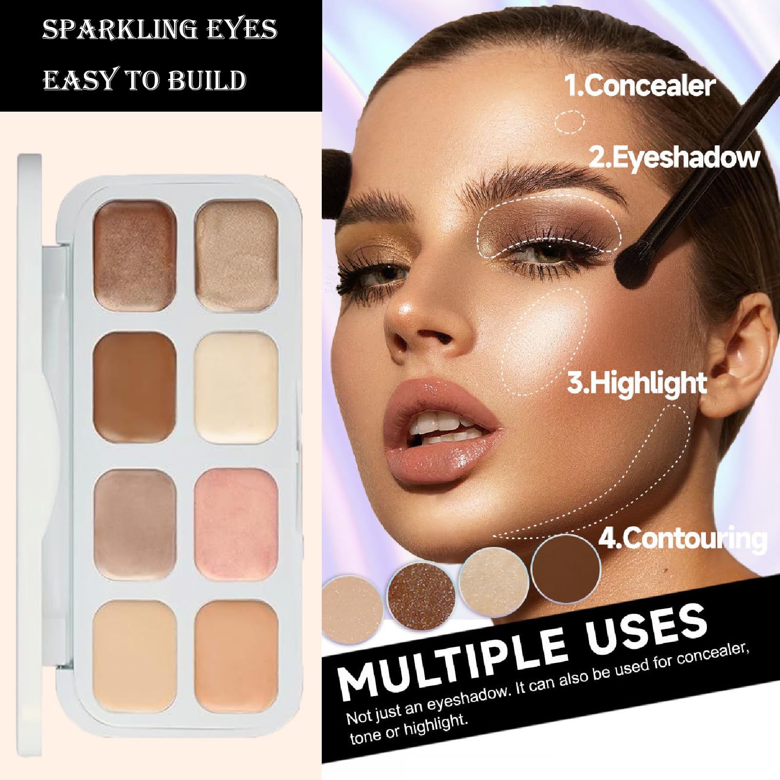 8-Color Eyeshadow & Concealer Palette with Brushes Cream Formula, Highly Pigmented, Long-Lasting, Multi-Use for Shimmer and Matte Makeup, Works as Highlighter & Contour - Image 2