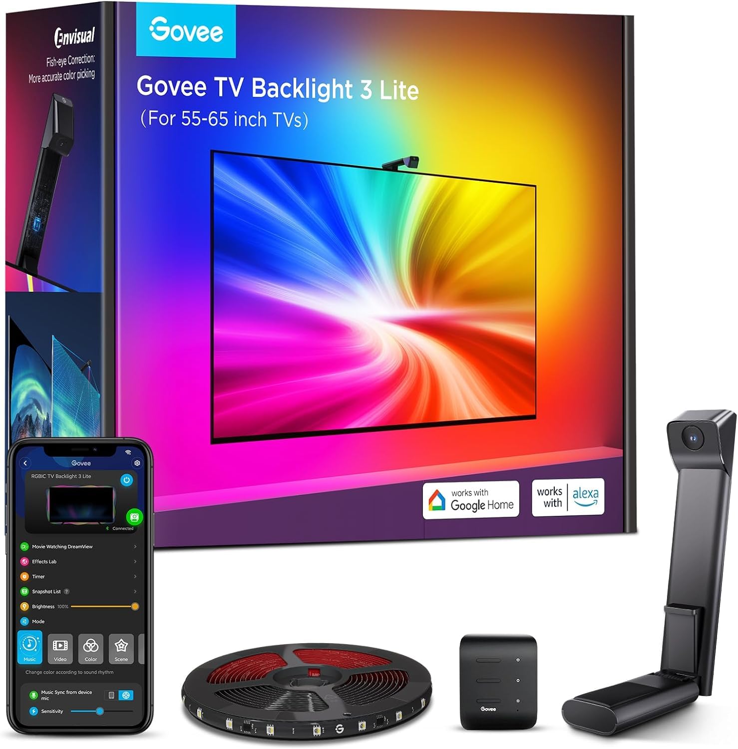 TV Backlight 3 Lite with Fish-Eye Correction Function Sync RGBICW Wi-Fi TV LED Backlight with Camera, Voice and APP Control, Adapter (Work with Smart TV and Everthing) (TV Size: 55-65 Inch) (B0D8L4WZY4) Amazon Price History, Amazon Price Tracker