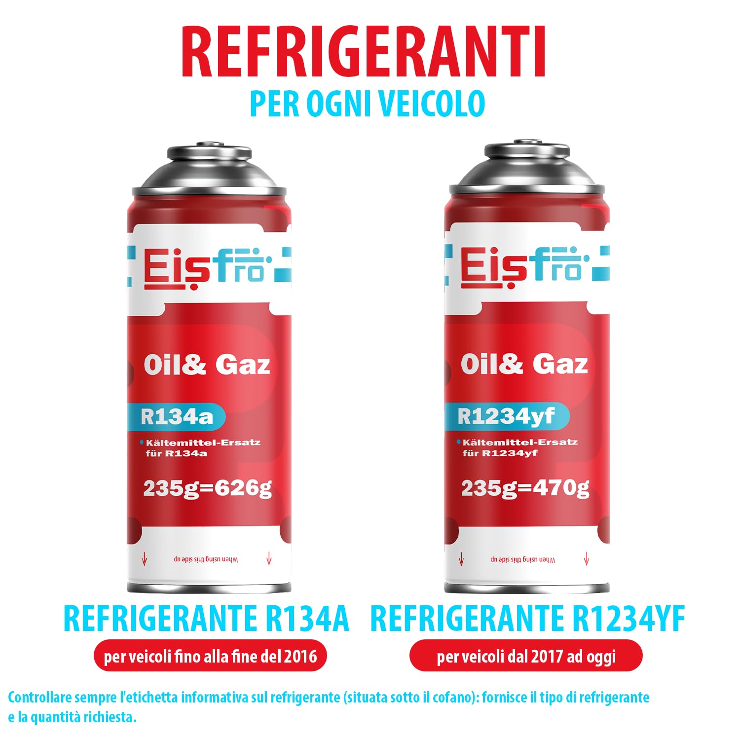 Sostituto del gas R134a 1 x 235 g con tubo flessibile per il riempimento e manometro per climatizzatori – Riempimento climatizzatori auto – Cartuccia di gas R134a