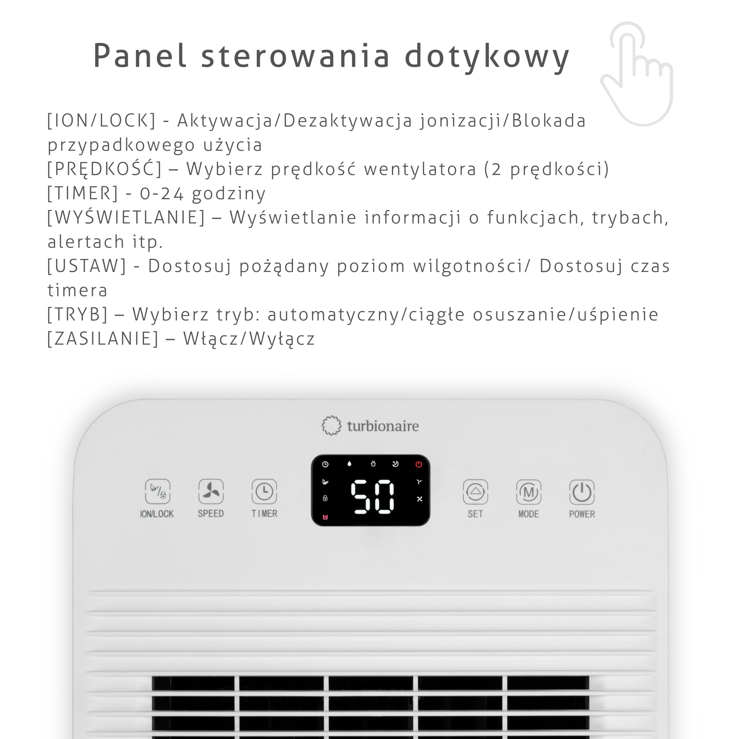 Osuszacz powietrza Dom formy Turbionaire LEVI 12 jonów, 12 l/24 h, oczyszczanie jonizacyjne, niski poziom hałasu, regulator czasowy, automatyczne przywracanie, nadaje się do 20㎡, koła obrotowe