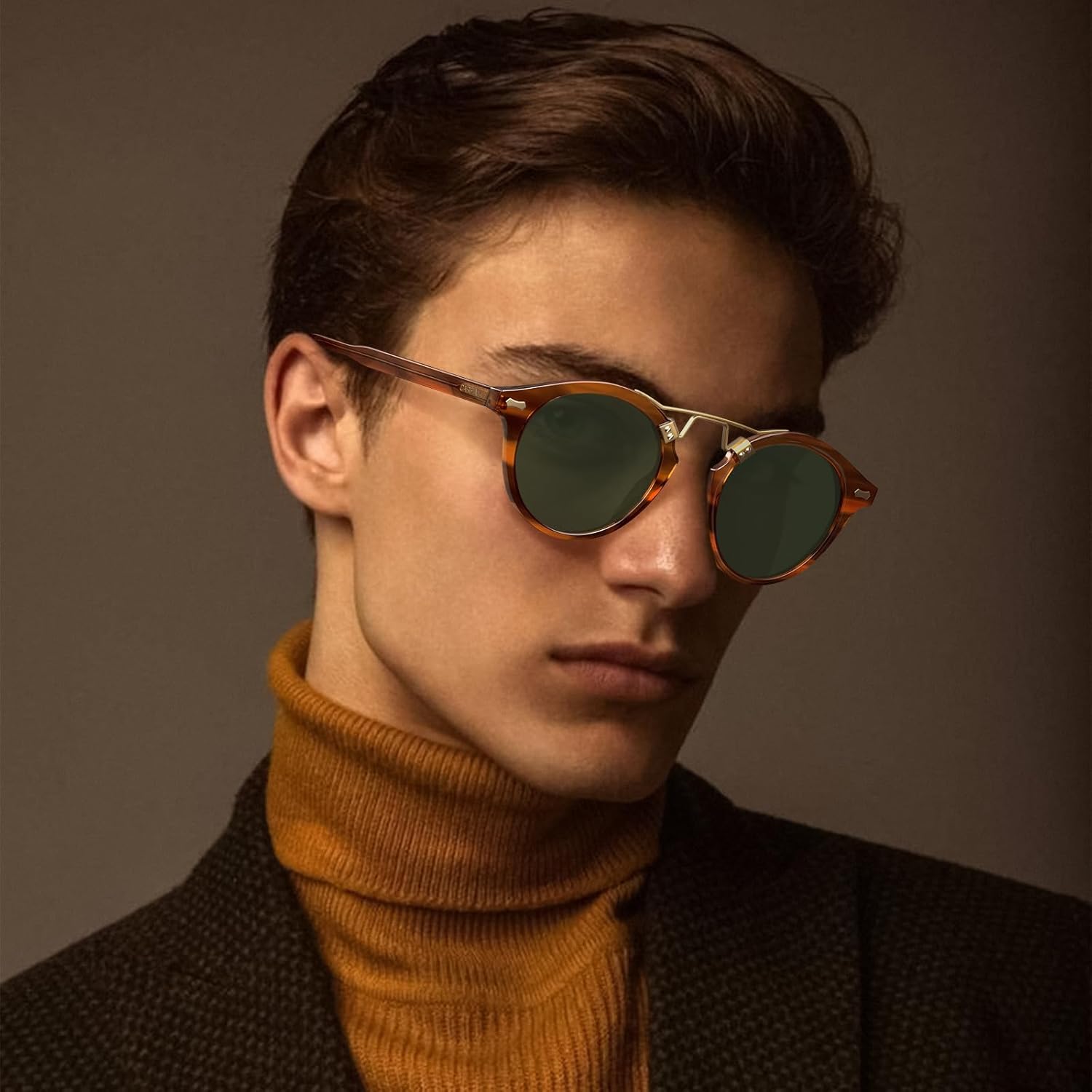 CARFIA Double Bridge Acetate Polarized Sunglasses for Men UV Protection, Retro Cool Male Eyewears Metal Brow Round Sunnies 2-1. Brown Striped Frame Green Lens Multicolor image 2 of 9 B0DX6VVXXC