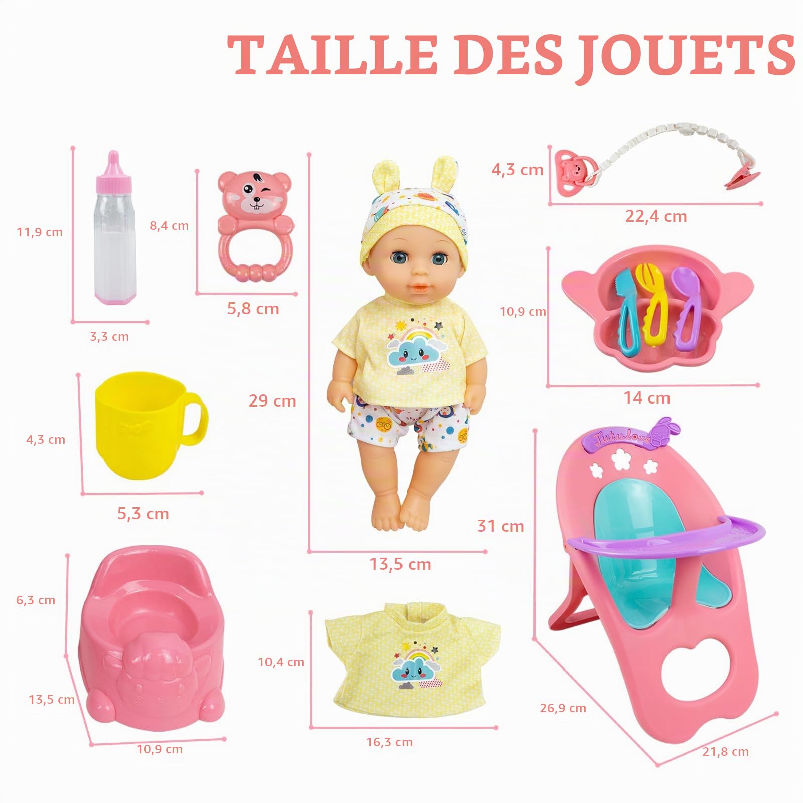 RedCrab Ensemble de Jeu de Poupee Bebe avec Fonctions - Manger, Boire, Dormir, 18 Accessoires Poupon avec Poupée, Chaise Haute, Biberon, Tétine, Couches, Poupée Vêtements