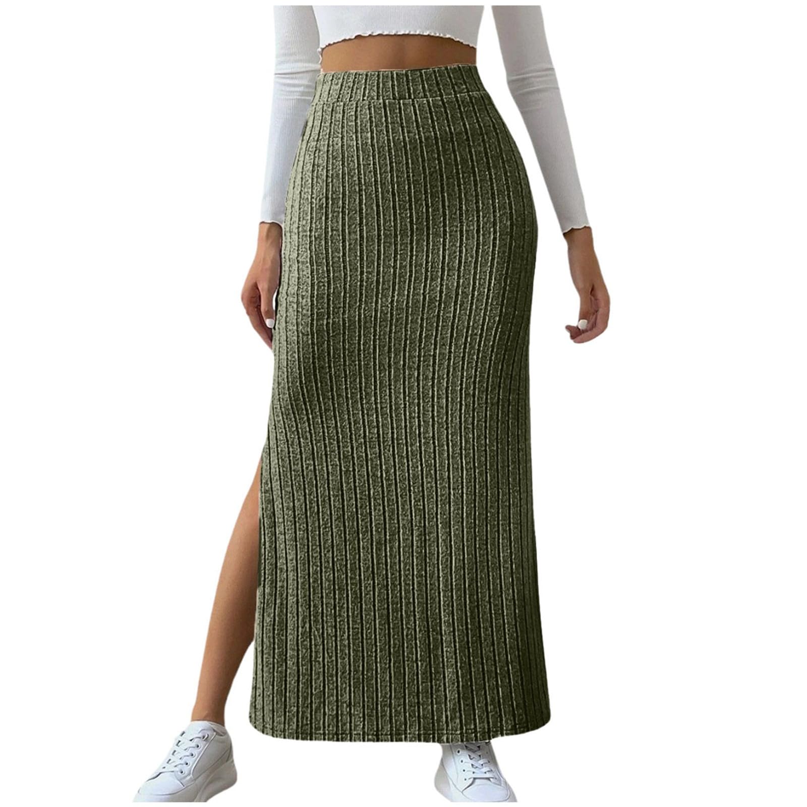Damen Strickrock High Waist Bleistiftrock Lang Elegant Midirock Winter Vintage Röcke mit Schlitz Bodycon Winterrock Slim Fit Freizeitrock Stretchrock
