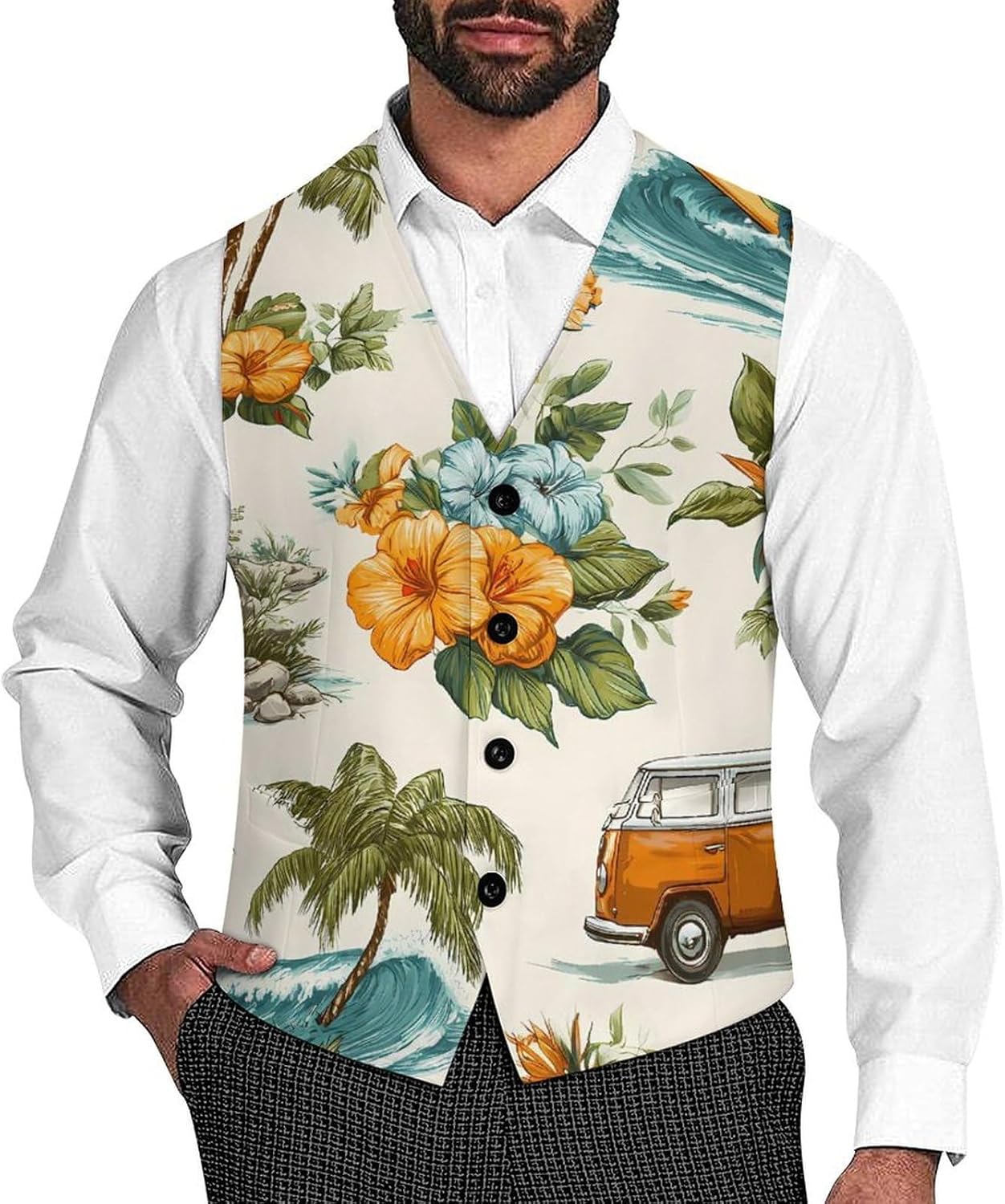 Surfing Vacation Palms Tree Camping Mens Suit Vest Formal Dress Business Wedding Groom Tuxedos Waistcoat with Pocket
