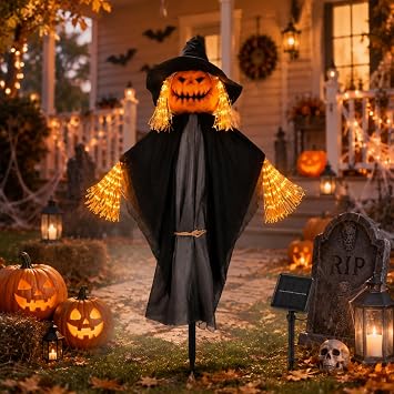 Tujoe Halloween Scarecrow Decor Pumpkin Ghost Scarecrow Solar Light Decor