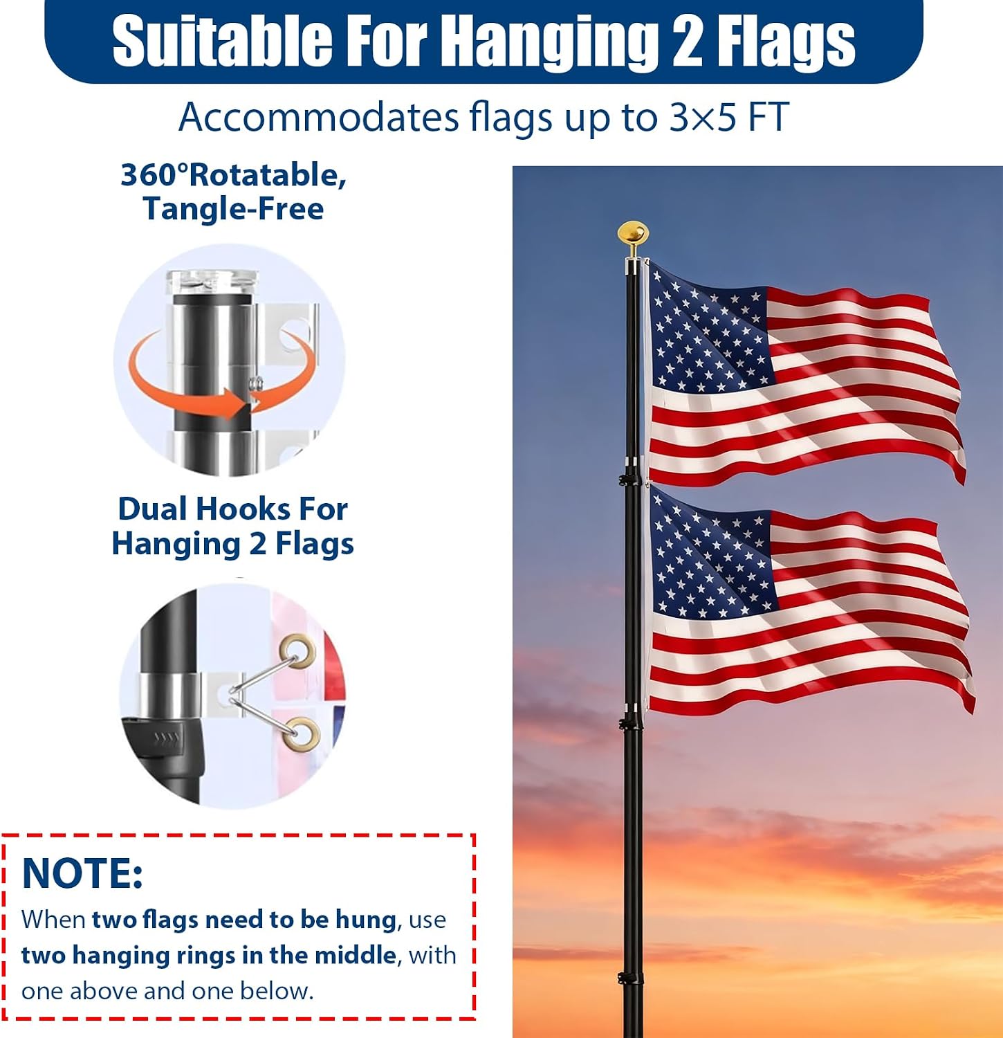 20FT Telescoping Flag Pole, Heavy-Duty Aluminum Alloy Tailgate Flag Pole with Tire Bases, Portable Flag Poles for Outdoor Activities Such as RVs, Trucks, Car Tailgates, Camping