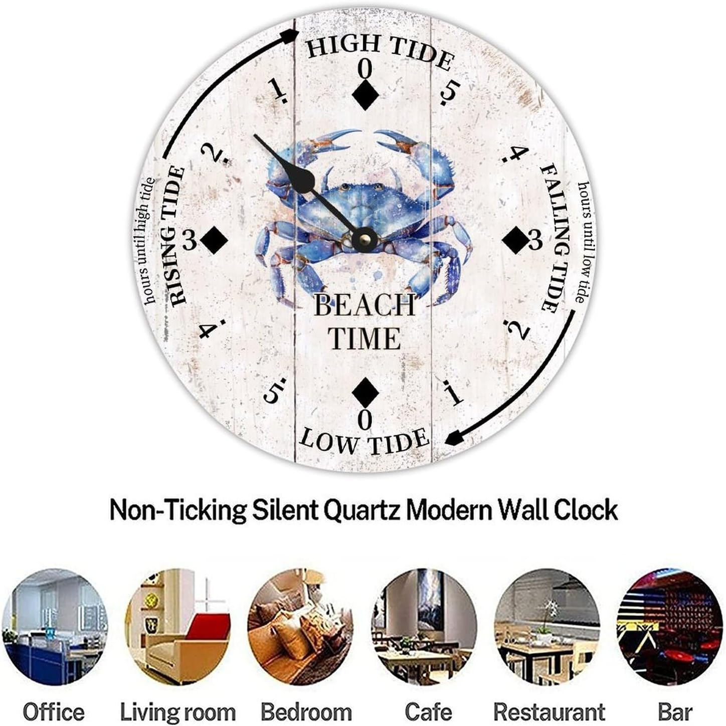 Vintage Beach Time Tide Clock Beach Time Ocean Crab Ocean Time Wooden Clock Wood Tidal Clock High and Low Tide Movement Clock for Beach Seaside House Cottage Hotel Camping 12 Inch