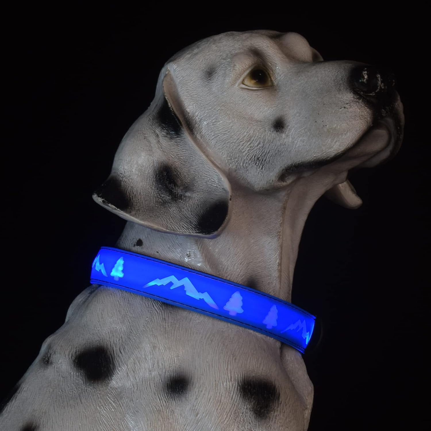 LED Dog Collar, Mountain Tree Pattern, 15 Lighting Modes, Silicone, USB-C Rechargeable, IP65 Waterproof, Night Safety (Blue, M(11.8-15.7"))