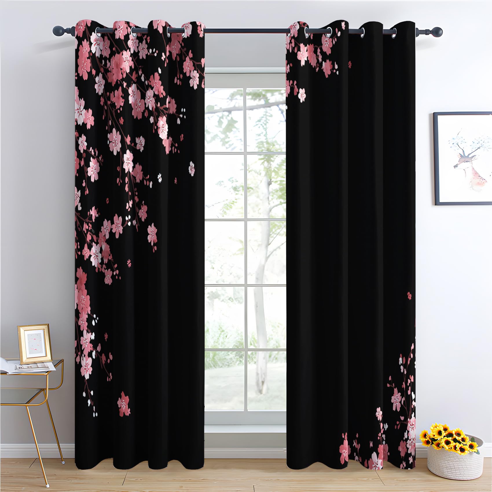 Venivici Cherry Blossom Blackout Curtains for Bedroom Living Room - 84 Inch Drop Curtains Eyelet, Japanese Floral Patterned Window Treatments, Thermal Insulated Drapes 52x84 2 Panels