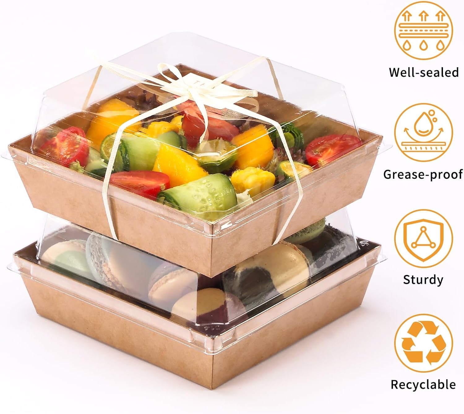 100 Pcs Small Charcuterie Boxes with Clear Lids and Forks - To Go Paper Rectangle Charcuterie Box, Disposable Food Containers, 5Inch Dessert Boxes for Cookie, Cake Slice Strawberries (Brown)