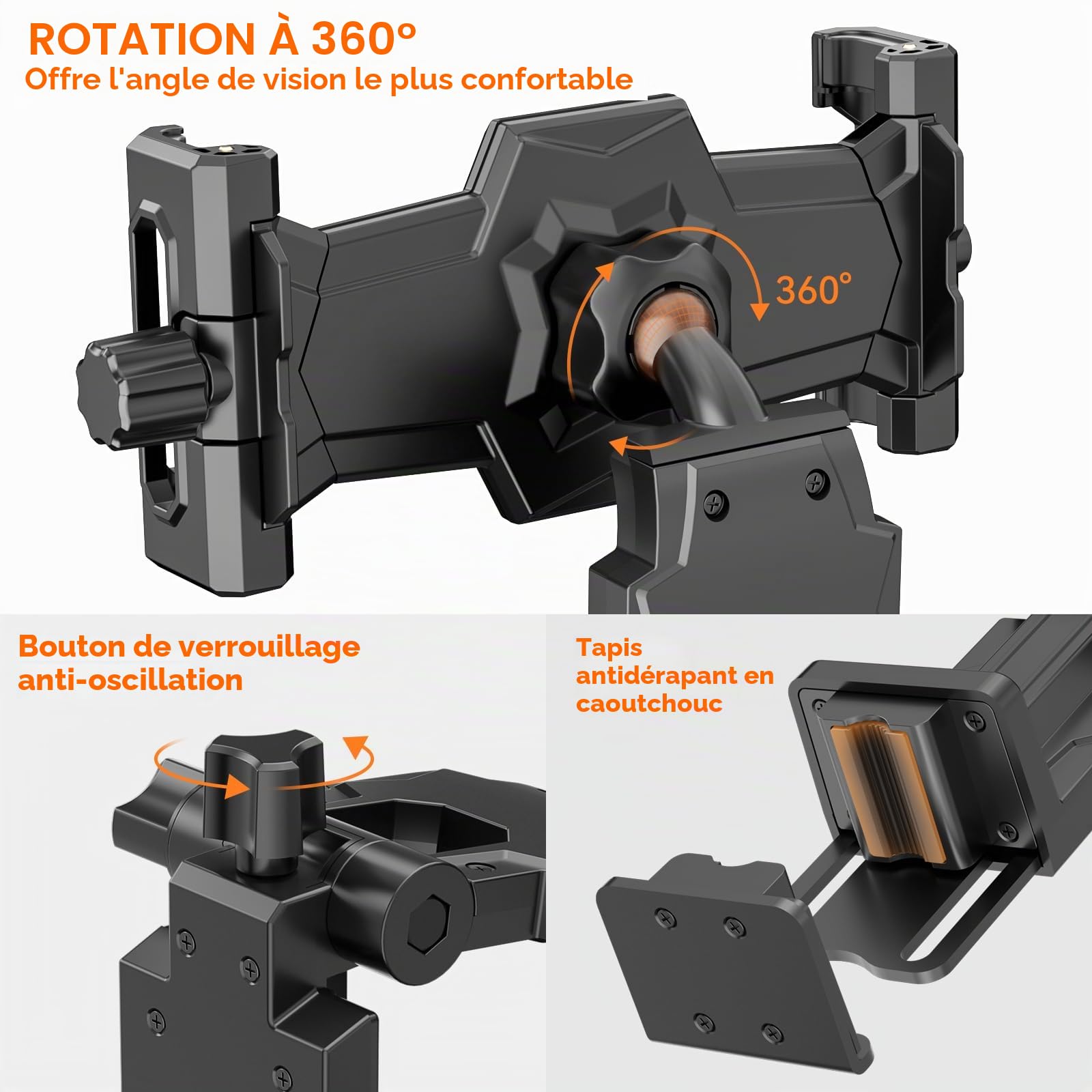 KDD Support de Tablette pour appuie-tête de Voiture - Rotation à 360 ° - avec Bras réglable - pour téléphones Portables et tablettes Pro, Air, Switch, Galaxy, 4,7 à 12,9"