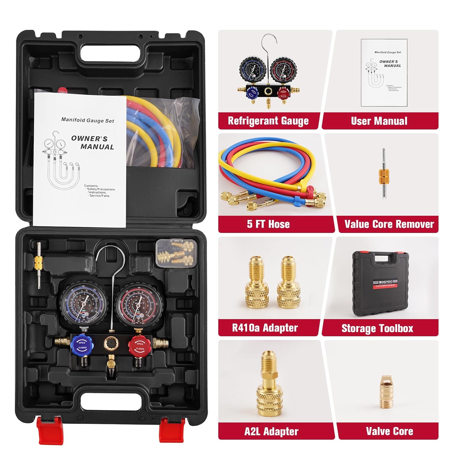 3-Way R454B AC Gauge Set, HVAC A2L Manifold Gauges for R454B/R32/R410A/R22 Refrigeran, AC Refrigerant Gauges Set with A2L/R410a Adapters, 5FT Hoses
