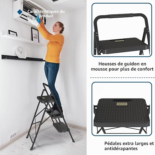 BONTEC 3 Step Ladder, Folding Steel Stool with Wide Anti-Slip Pedals, 150kg - 4