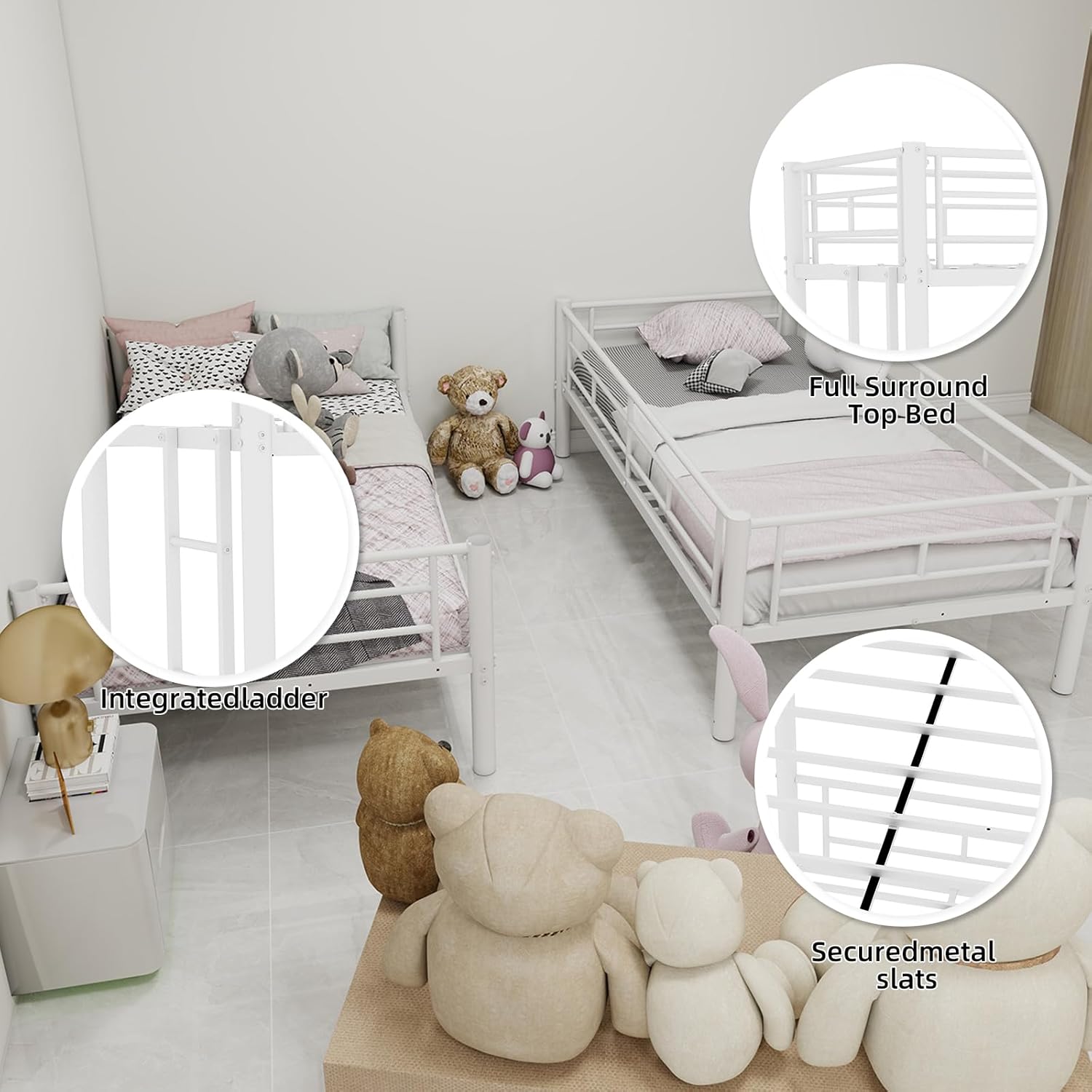 Bunk Bed Twin Over Twin, High Guardrail and Metal Slats Adult Teenager Double Bed Bunk Bed with Storage Dorm Small Spaces Guest Room - No Box Spring Needed (White)