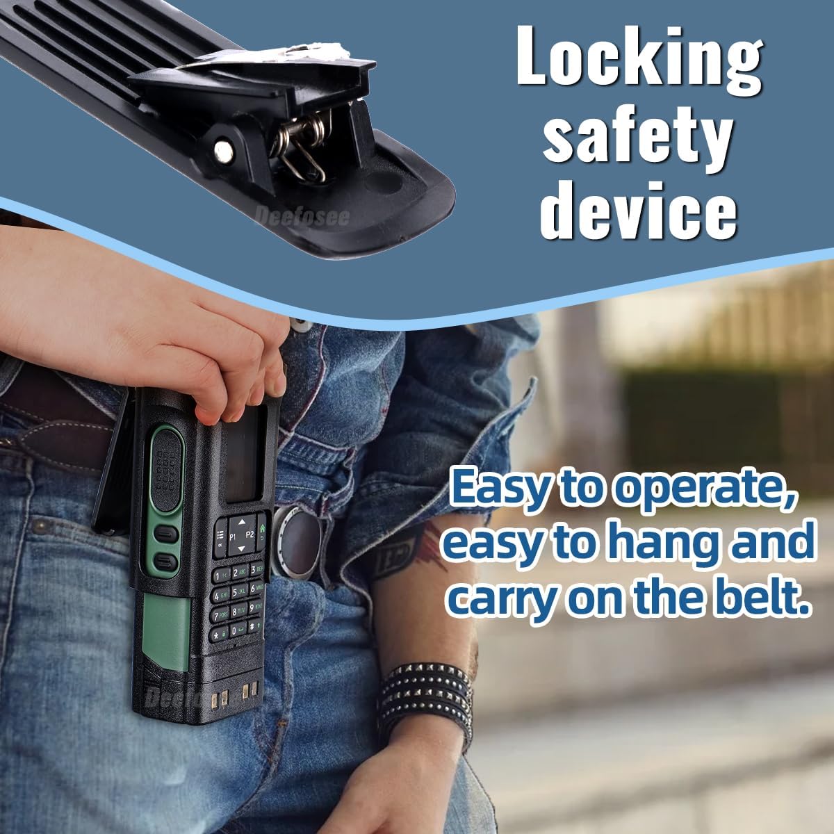 Image showing a person wearing the BAOFENG radio holster on their belt, demonstrating its ease of use and portability.