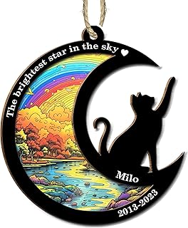 Personalized Suncatcher Ornaments Cat On The Moon,The Brightest Star in The Sky Christmas Ornaments,Cat Memorial Gifts for Loss of Cat,in Memory of Cat Ornament,Cat Memorial Suncatcher