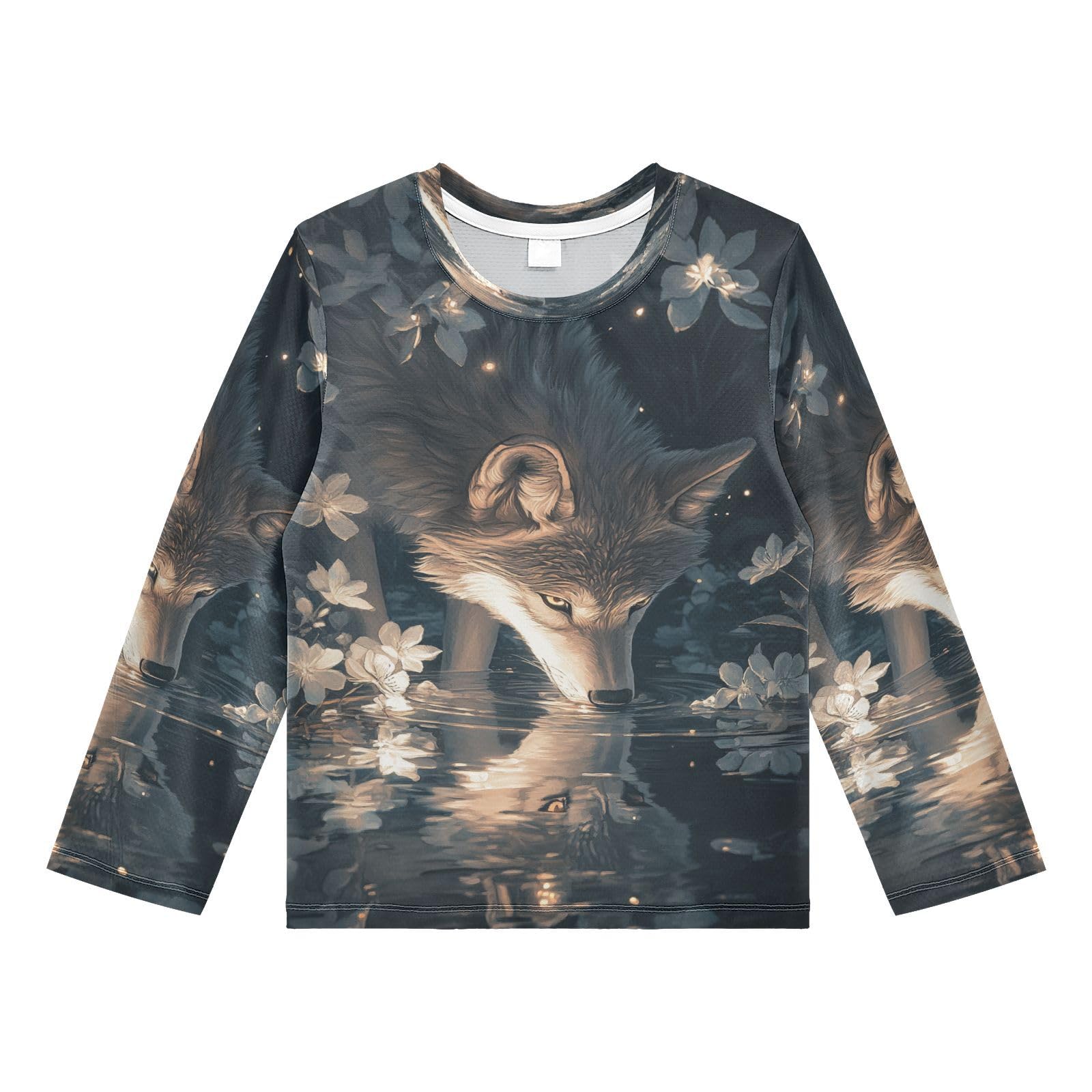 DOMIKING Flowers Wolf Black Boys Long Sleeve Rashguard Shirt Kids Quick Dry Swim Shirt for Running Swiming Pool 9-10T