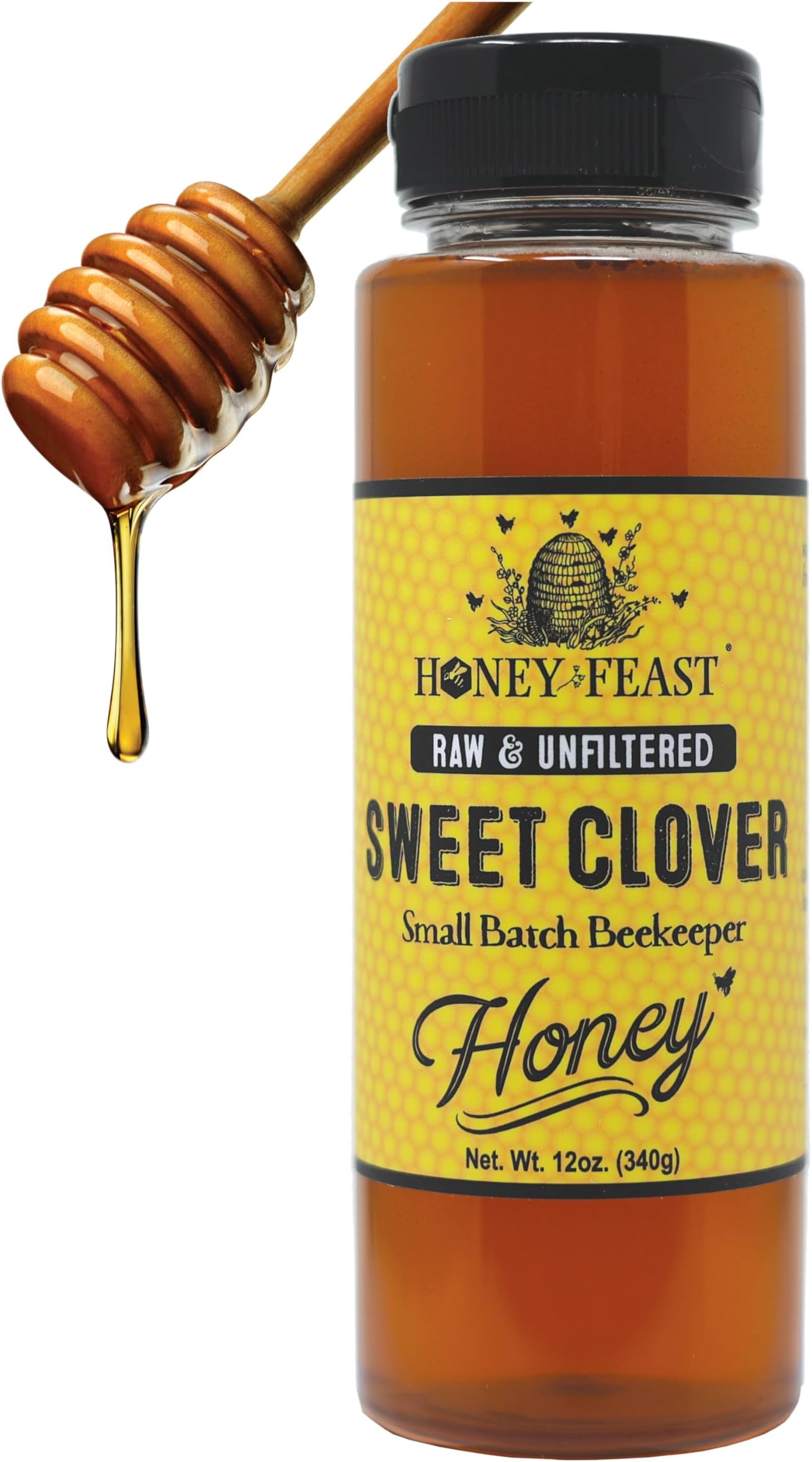 HONEY FEAST Sweet Clover Honey - 12oz Jar | Pure, Raw & Unfiltered | Authentic Honey for Connoisseurs
