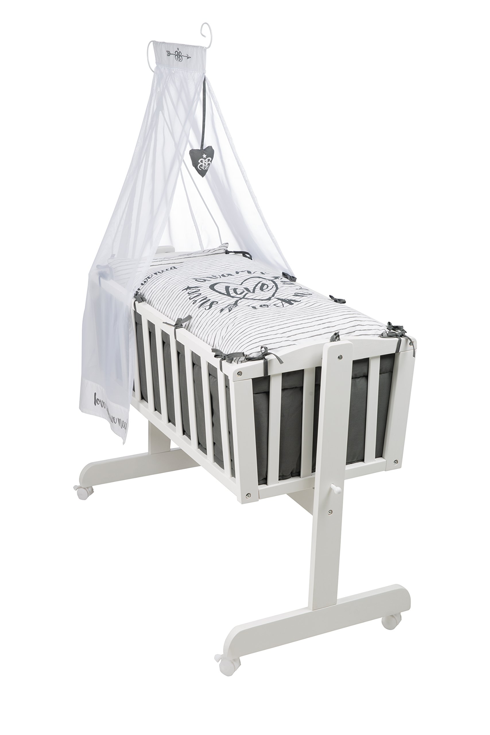 roba Komplettwiegenset, Babywiege 'Rock Star Baby 3' (40x90cm), Holz, weiß, Stubenwagen & Wiege mit Feststellfunktion, Wiegenset inkl. kompletter Ausstattung & Baby Bettwäsche (80x80cm)