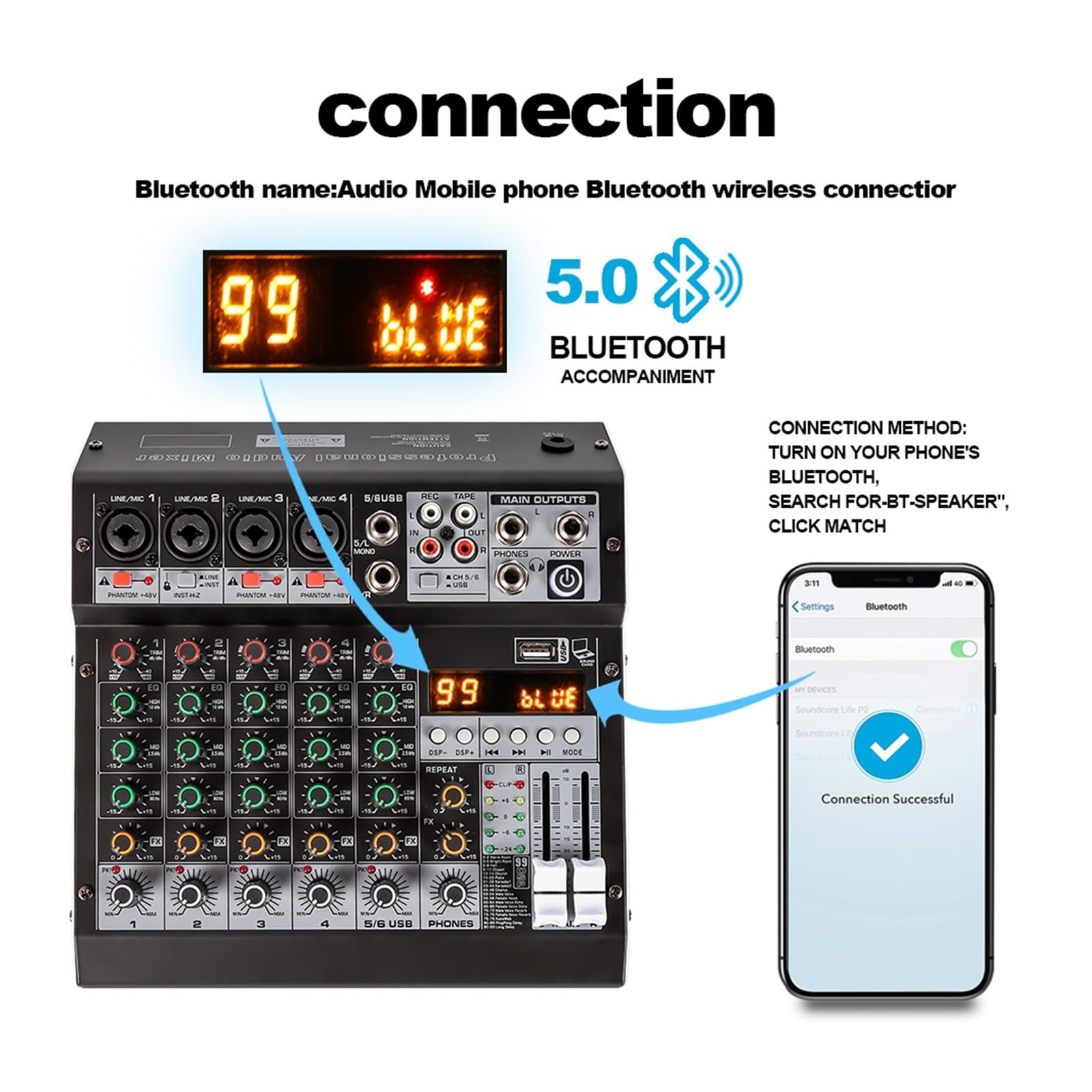 Mezclador de audio para DJ Mezclador de 6 canales 99DSP for conferencias Procesador de reverberación compatible con Bluetooth y USB Cante en con mezcladores de tarjetas de sonido