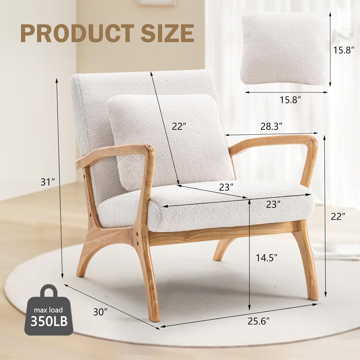 Accent Chair, Mid Century Modern Chair with Lumbar Pillow Upholstered Chairs Teddy Fabric Solid Wood Frame Armchair for Living Room,Bedroom, Reading,Balcony, 2PCS, White