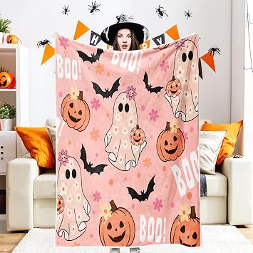 Pink Halloween Throw Blanket, Cute Spooky Ghost Pumpkin Bat Cozy Soft Blanket, Funny Pink Halloween Boo Flannel Baby Throw and Blankets Couch Sofa Bed Decor 50X60IN