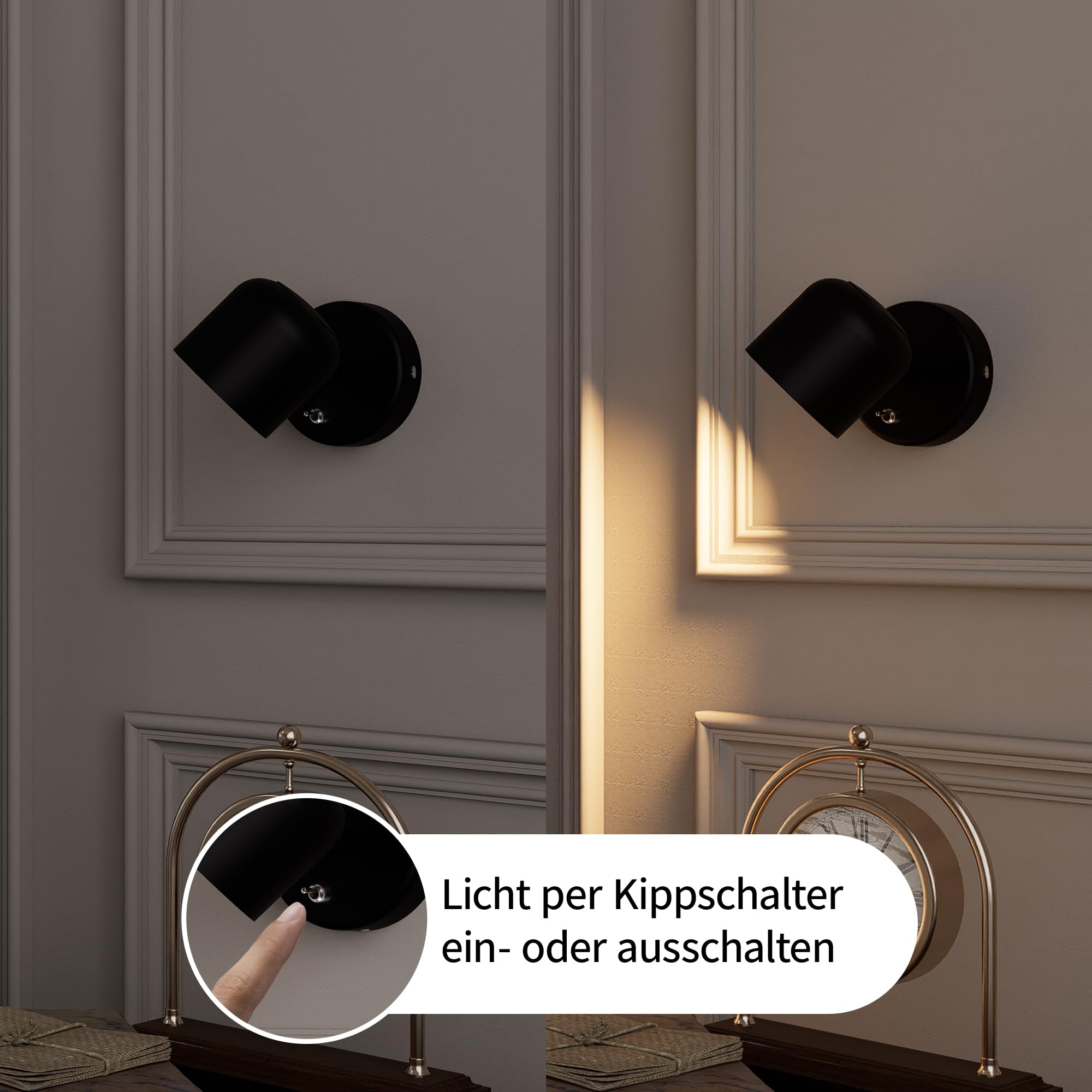 Aisilan LED Wandlampe Innen mit Schalter, Schwenkbar 350°/90° Wandleuchte Schwarz aus Aluminium, 3000K Warmweiß 7W, COB LED CRI97 ohne Flimmern, Wandstrahler für Schlafzimmer Flur