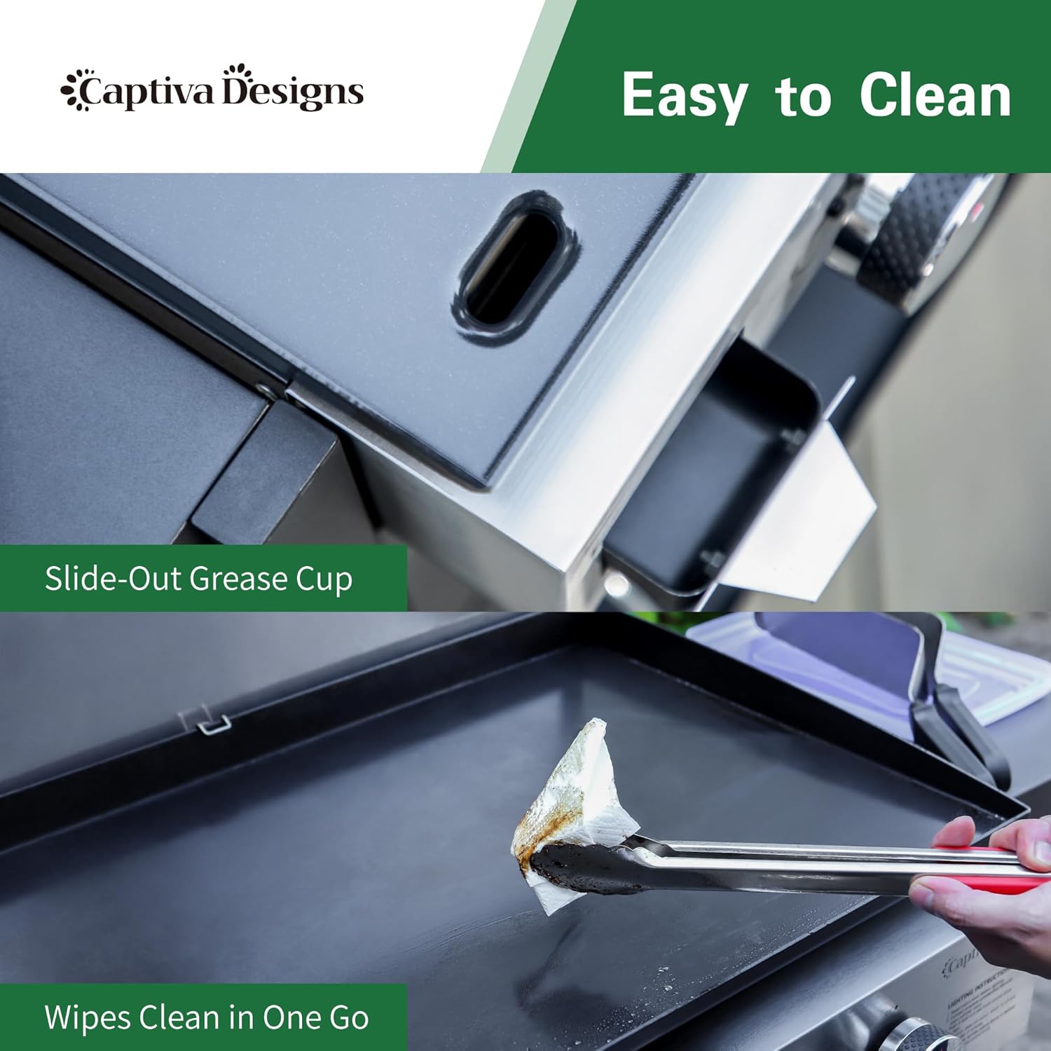 Image showing the slide-out grease cup and a hand wiping the griddle clean