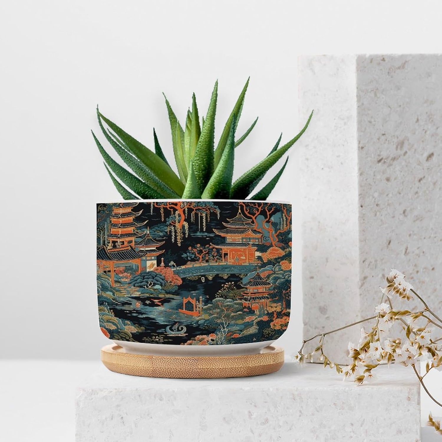 Chinoiserie Coral Asian Ceramic Planter Chinoiserie Chic Asian Flower Pots for Indoor Plants with Drainage Holes and Saucers Pot for Indoor Outdoor Garden
