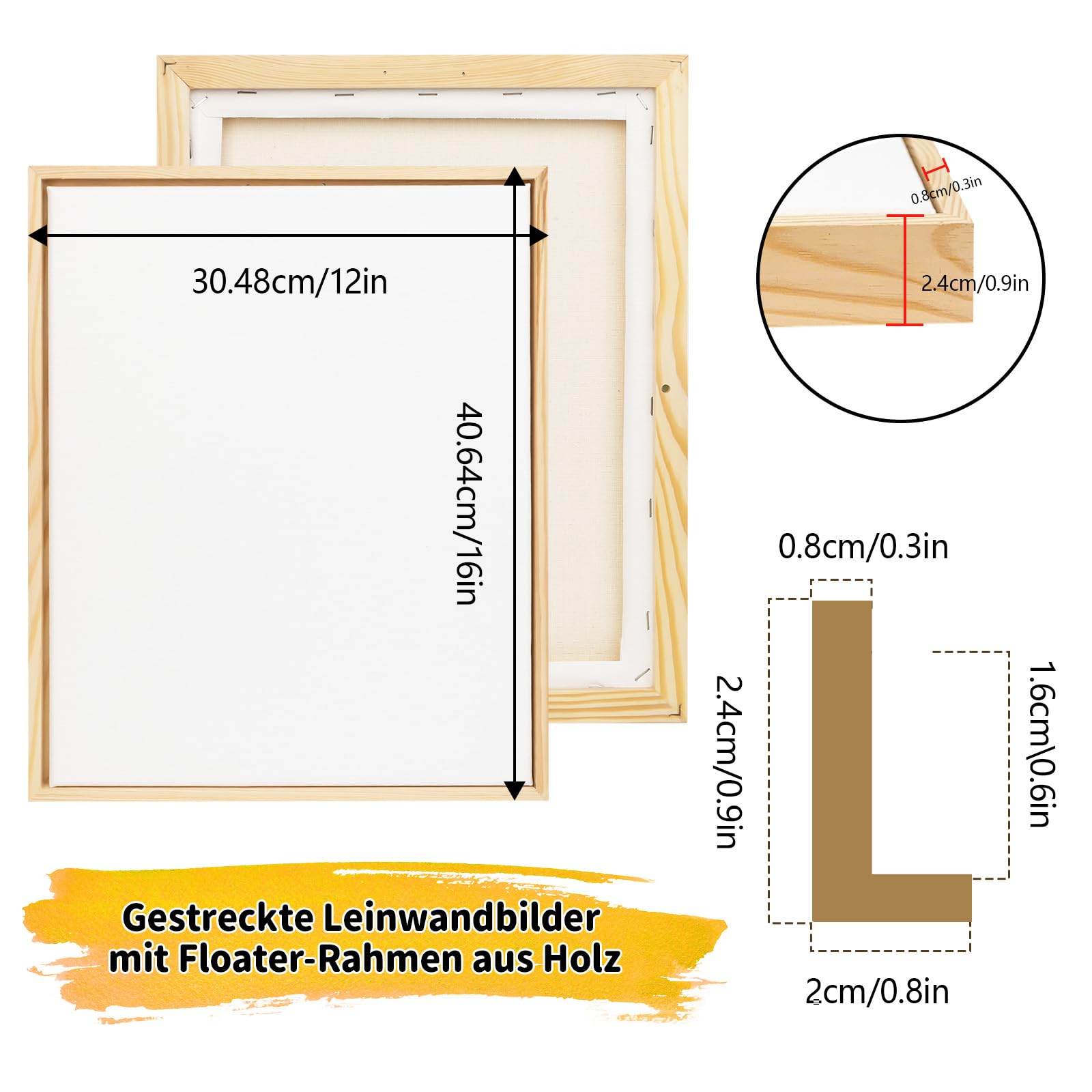 4er Set Leinwand 30x40cm Floater-Rahmen 100% Baumwolle für Wohnzimmer | With Floater-Rahmen,FSC-zertifiziertes Kiefernholz, dreifach grundiert, inkl. Montagematerial für Flur & Büro