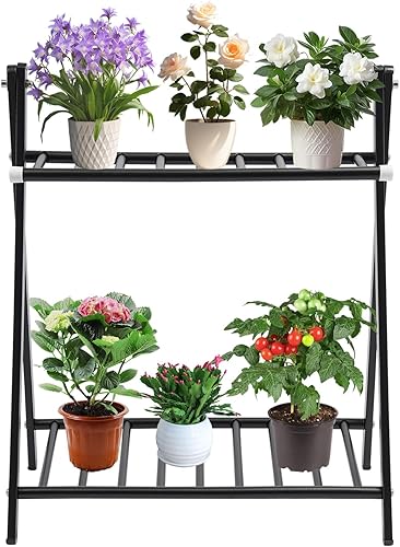 Estante de escalera de flores de 2 niveles, soporte de exhibición de plantas de metal para interiores y exteriores, organizador de almacenamiento