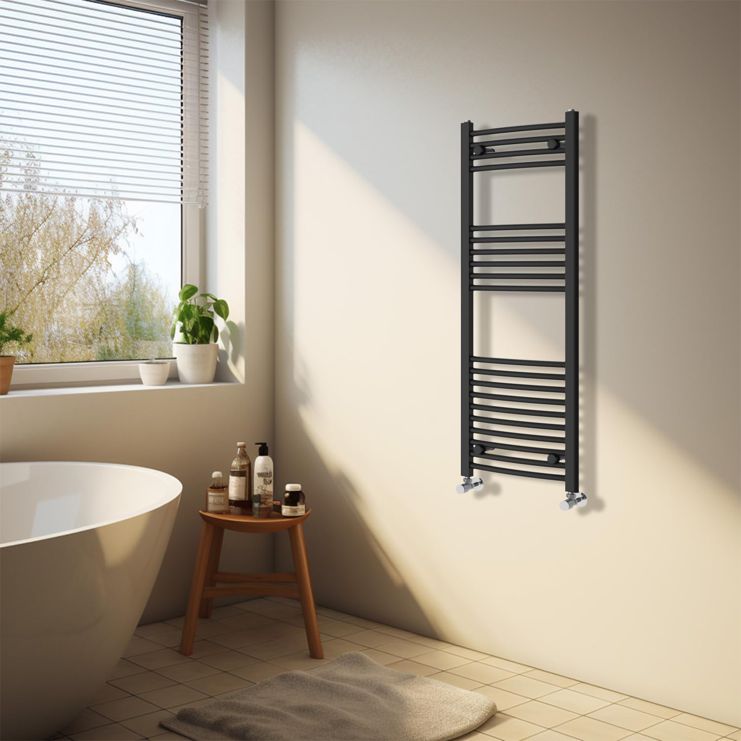 NRG Black Heated Towel Rail Curved Designer Bathroom Radiator - 1200×400mm
