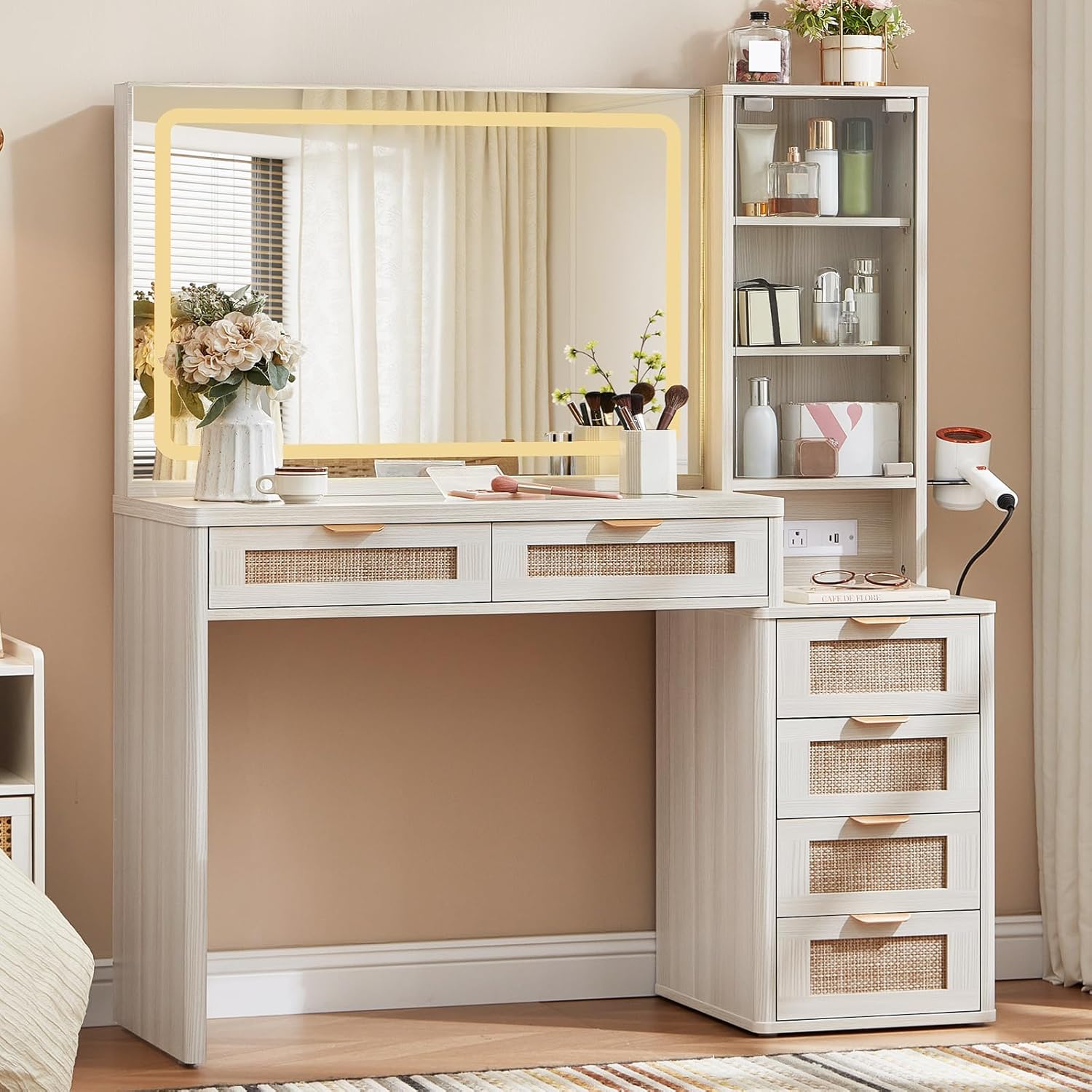 LEYAOYAO Fluted Makeup Vanity Desk with Mirror and Lights, 43.5'' Blue Vanity Table with Glass Top and Power Outlet, Make Up Vanity with 6 Drawers and Adjustable Shelves for Bedroom