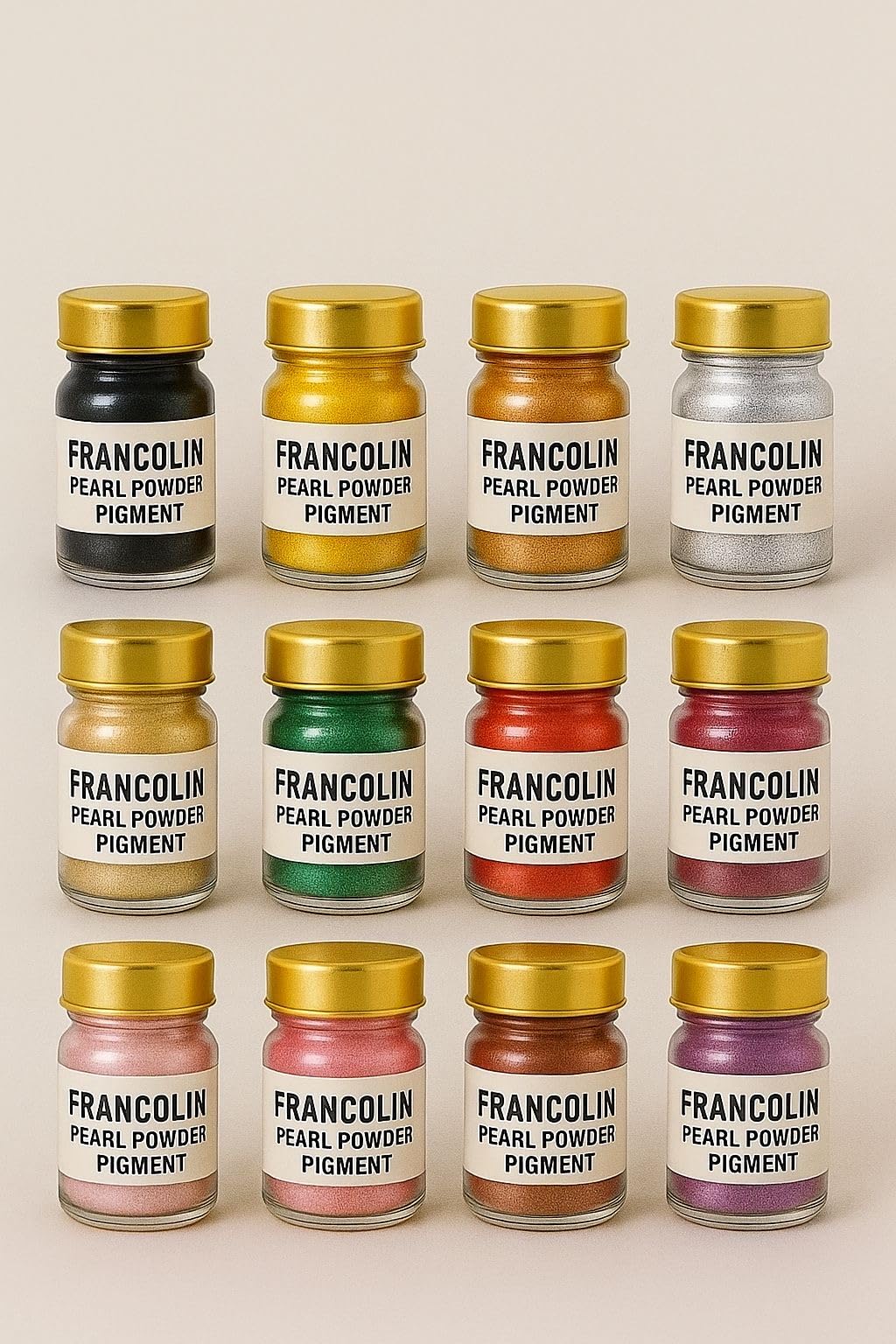 Francolin | Combo of 12 Color | Mica/Pearl Powder Pigment | Non Toxic | Vibrant Metallic Glowing | for Soap, Epoxy Resin, Painting, Nail Art & Craft, Cosmetic, Slime | 5g*12-image-18
