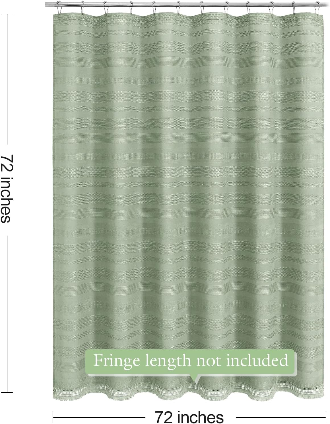 Boho Farmhouse Shower Curtain Set with Tassel, Linen Bohemian French Country Chic Bathroom Shower Curtain Set, Modern Striped Textured Shower Curtain 72x72 - Sage Green