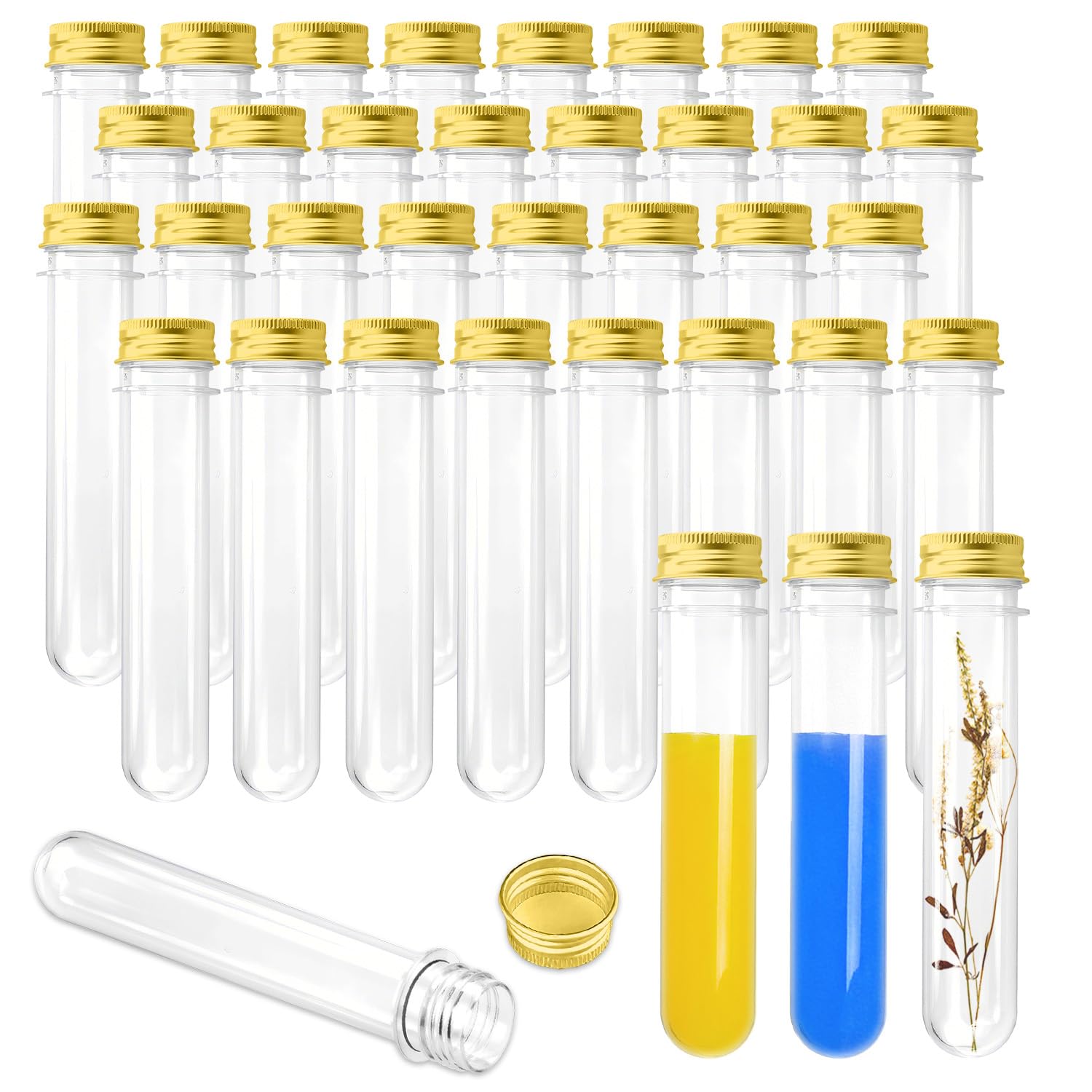Plastic Test Tubes, 36 Pcs 40ml Clear Tubes with Caps Clear Plastic Test Tubes for Sample, Science Party, Gumball, Candy, Bath Salts, 25x140mm (Gold)