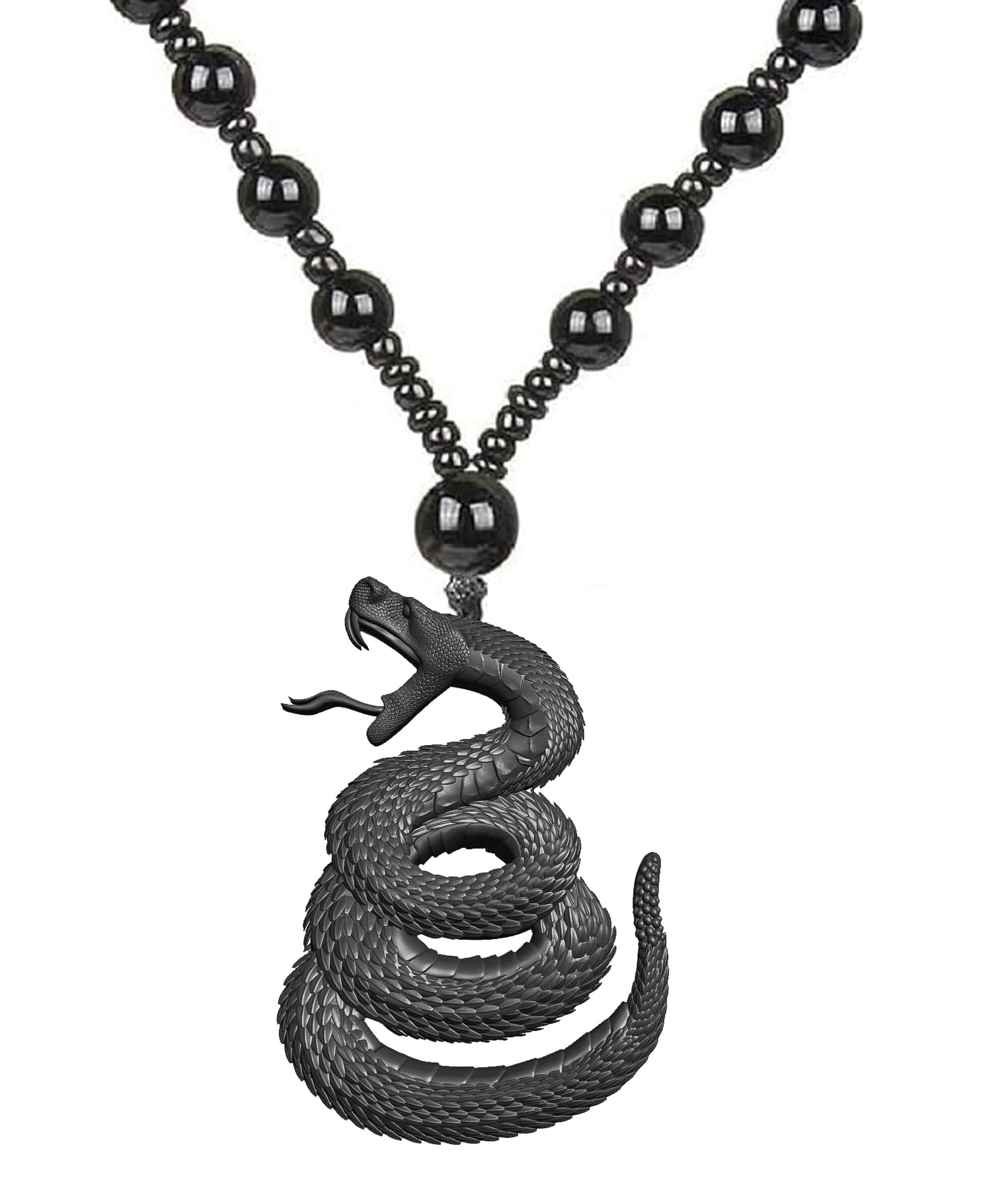 Black Serpentine Snake Pendant Locket for Men Women Unisex Resin Jewelry with Coiled Serpent Design on Beads Chain Symbol of Rebirth & Inner Power Unisex Gift for Adventurers