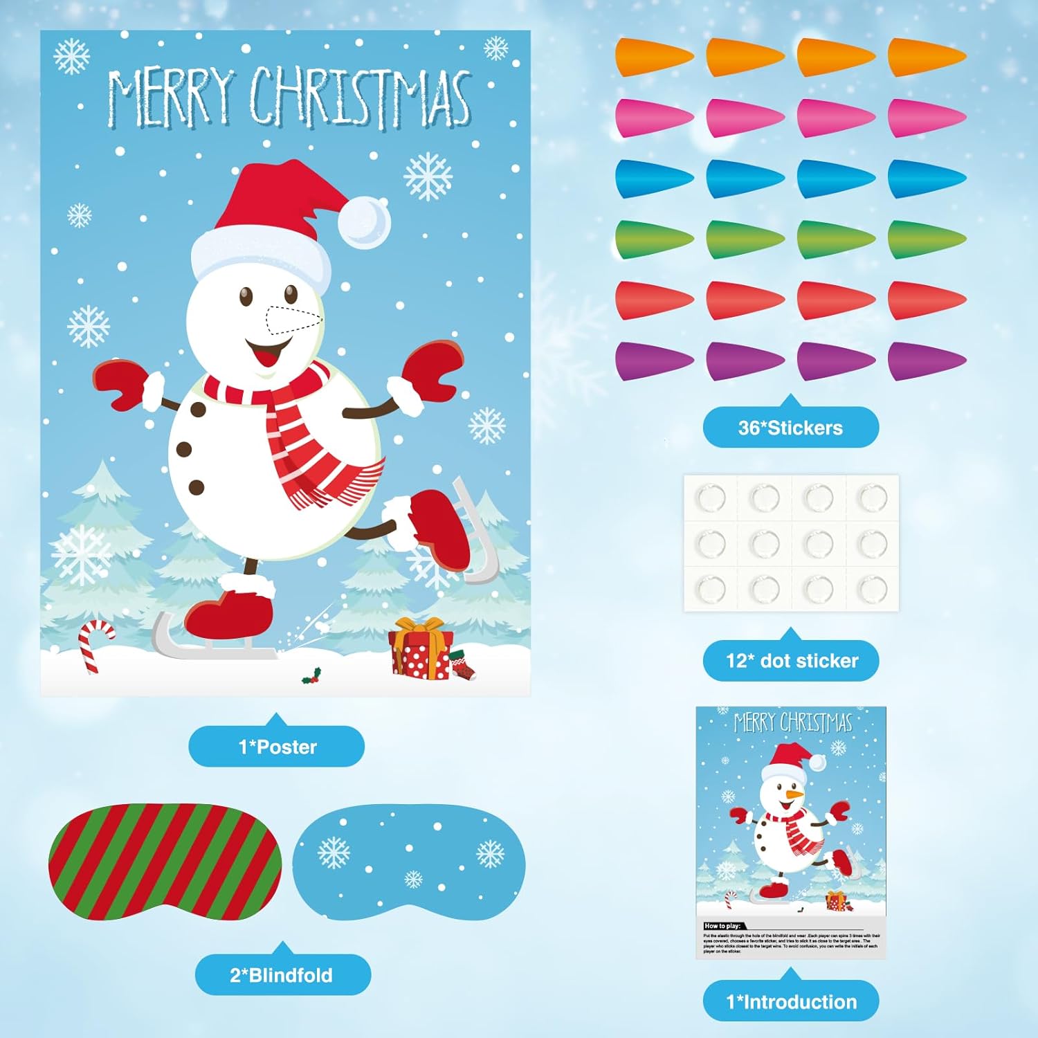 ASTARON Pin The Snowman Nose Christmas Pin The Tail Party Games Activities for Kids 36 Stickers Christmas Party Decorations School Classroom Activities