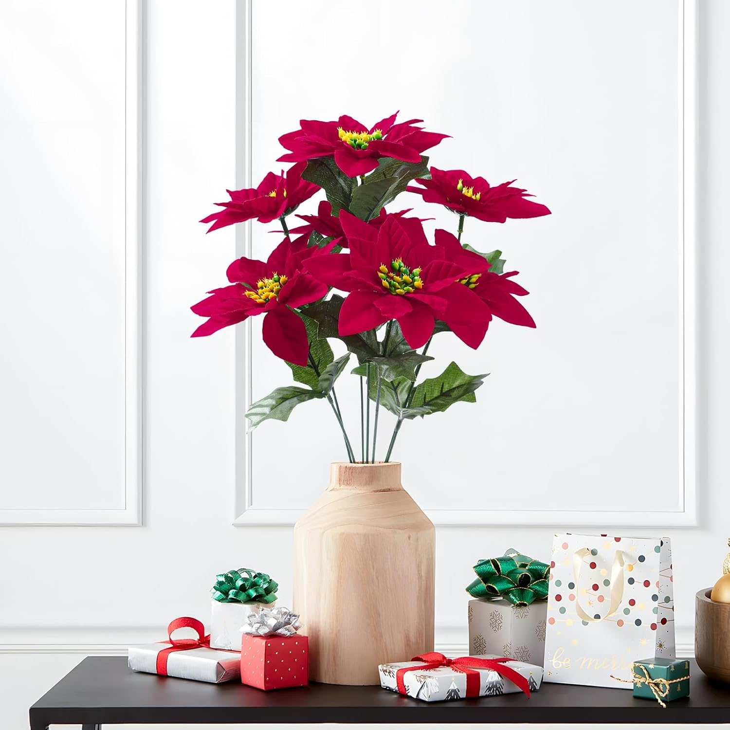 Alupssuc 16 Pack 7 Heads 17in Poinsettia Christmas Flowers Artificial Velvet Fake Poinsettia Bouquet, Indoor & Outdoor Christmas Tree Decorations for Vase Table Porch Garden Decor, Red