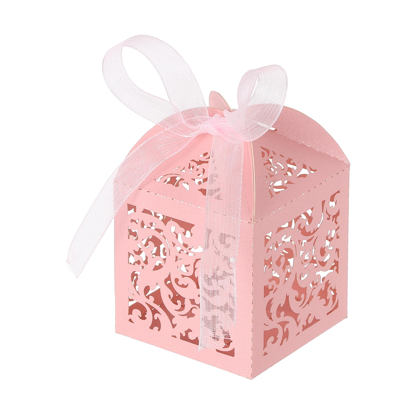 PATIKIL Laser Cut Favor Boxes,(Pink) (50Pcs), Reusable Cute Candy Cookie Gift Boxes with Ribbons for Wedding/Birthday Party/Anniversary/Baby Shower