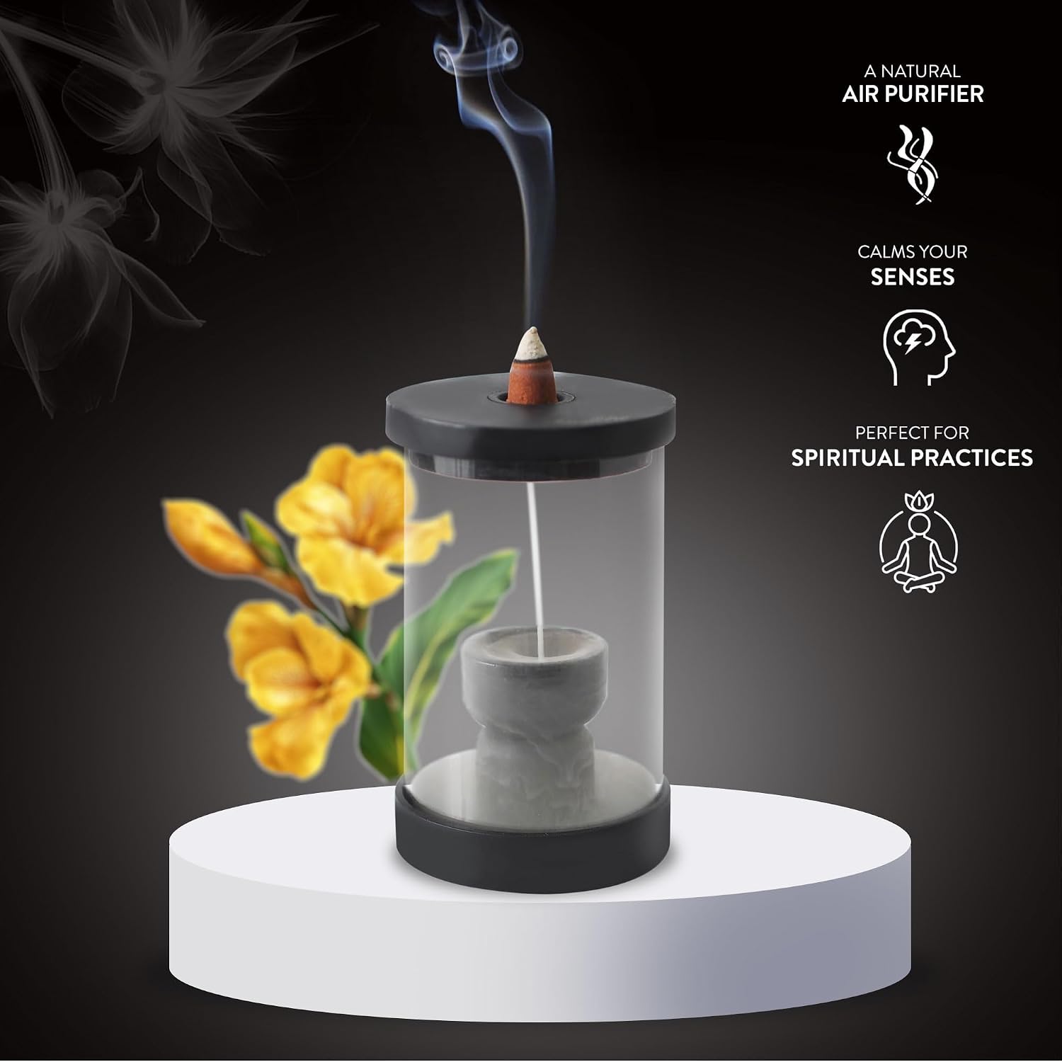 Hosley Black Wood & Glass Backflow Incense Burner Kit with Assorted Backflow Cones, Waterfall Smoke Effect Incense Holder for Aromatherapy, Meditation, Relaxation, Home & Office Décor Gift Set