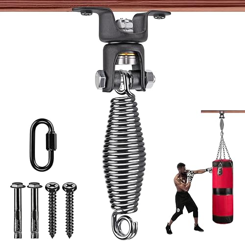 Miniatura 9 de BeneLabel Percha para saco de boxeo con resorte, rotación de 360, soporte de montaje de viga para bolsa de boxeo con mosquetón, capacidad de 150