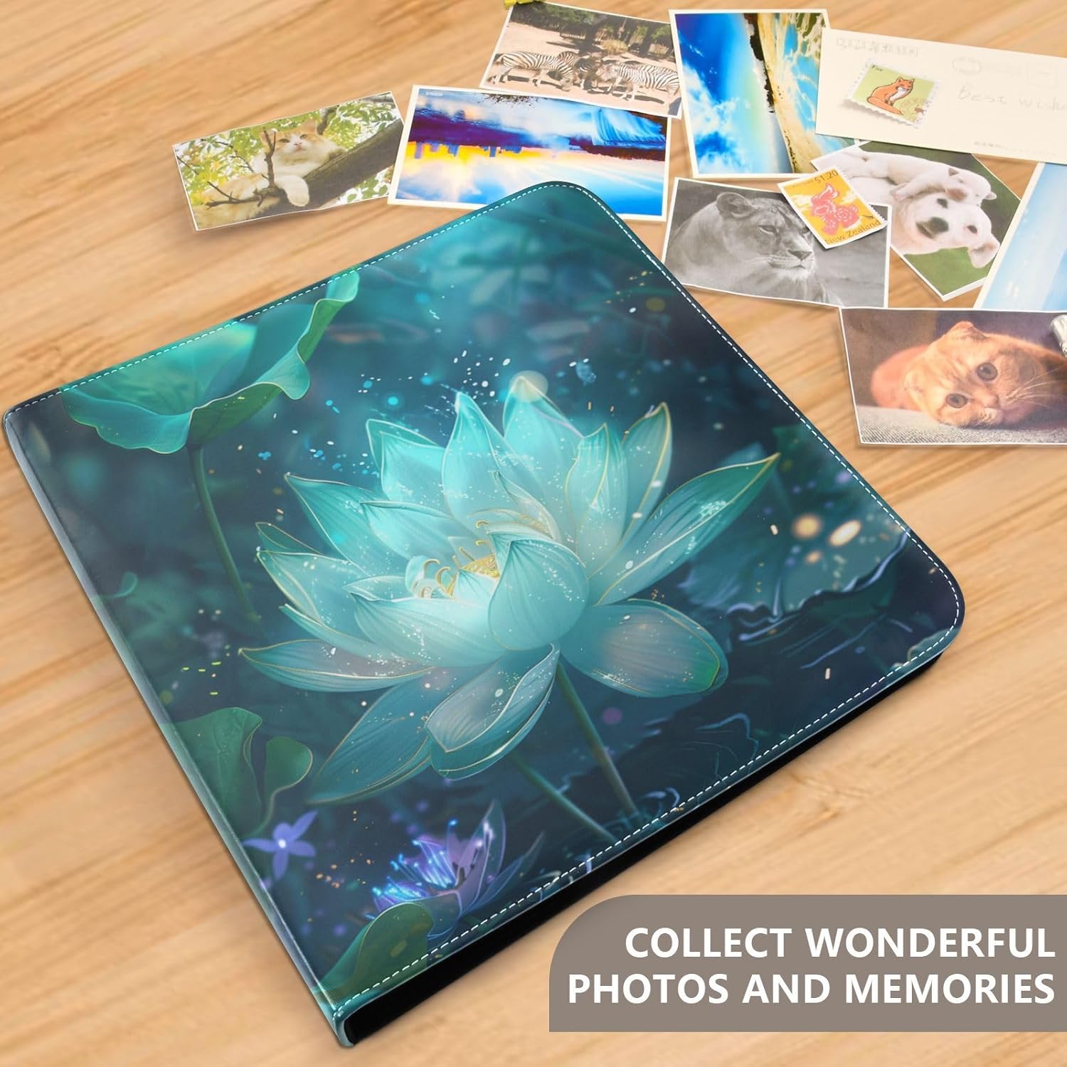 JIPONI Glowing Turquoise Lotus Flower Large Photo Album, DIY Leather Cover Scrapbook Albums for 4x6 5x7 6x8 Pictures, Self Adhesive Memory Book for Wedding, Baby, Family