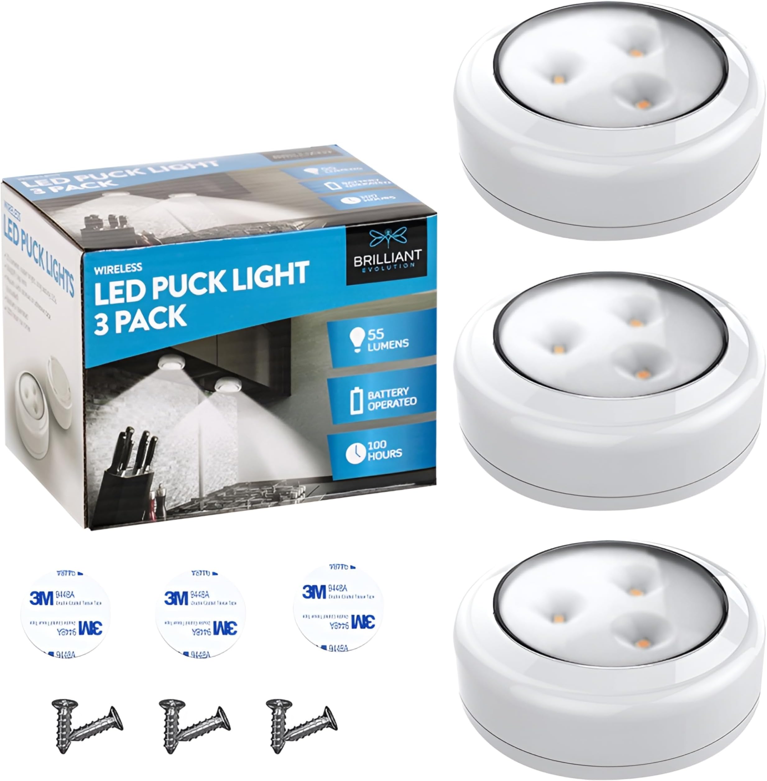 Bright Evolution Under Cabinet Lights - Battery Operated Cabinet Lighting with Tap Technology - LED Puck Lights for Kitchen - Stick On Lights for Shelves and Closets - Wireless Lighting Solution
