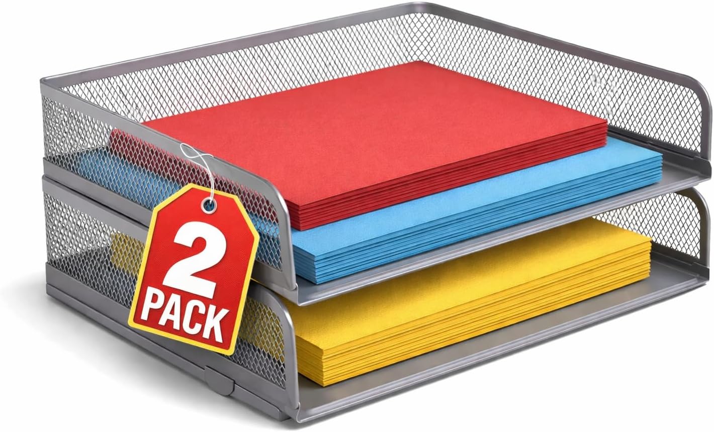 Stackable Side Load Letter Tray, Silver Wire Metal Mesh Paper Tray Organizer, 2 Trays