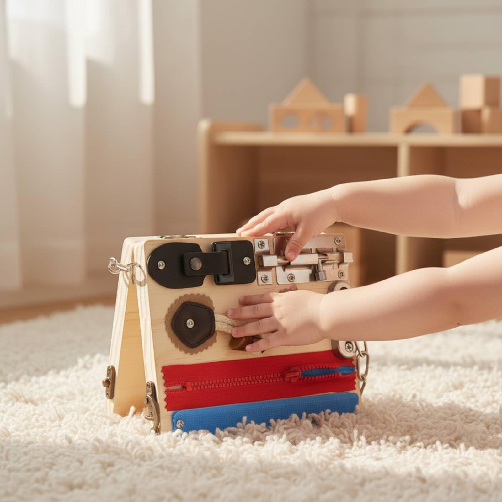 Children Learning Board Tablero Educativo Infantil de Actividades Sensorial de Madera con Zippers Botones y Hebillas