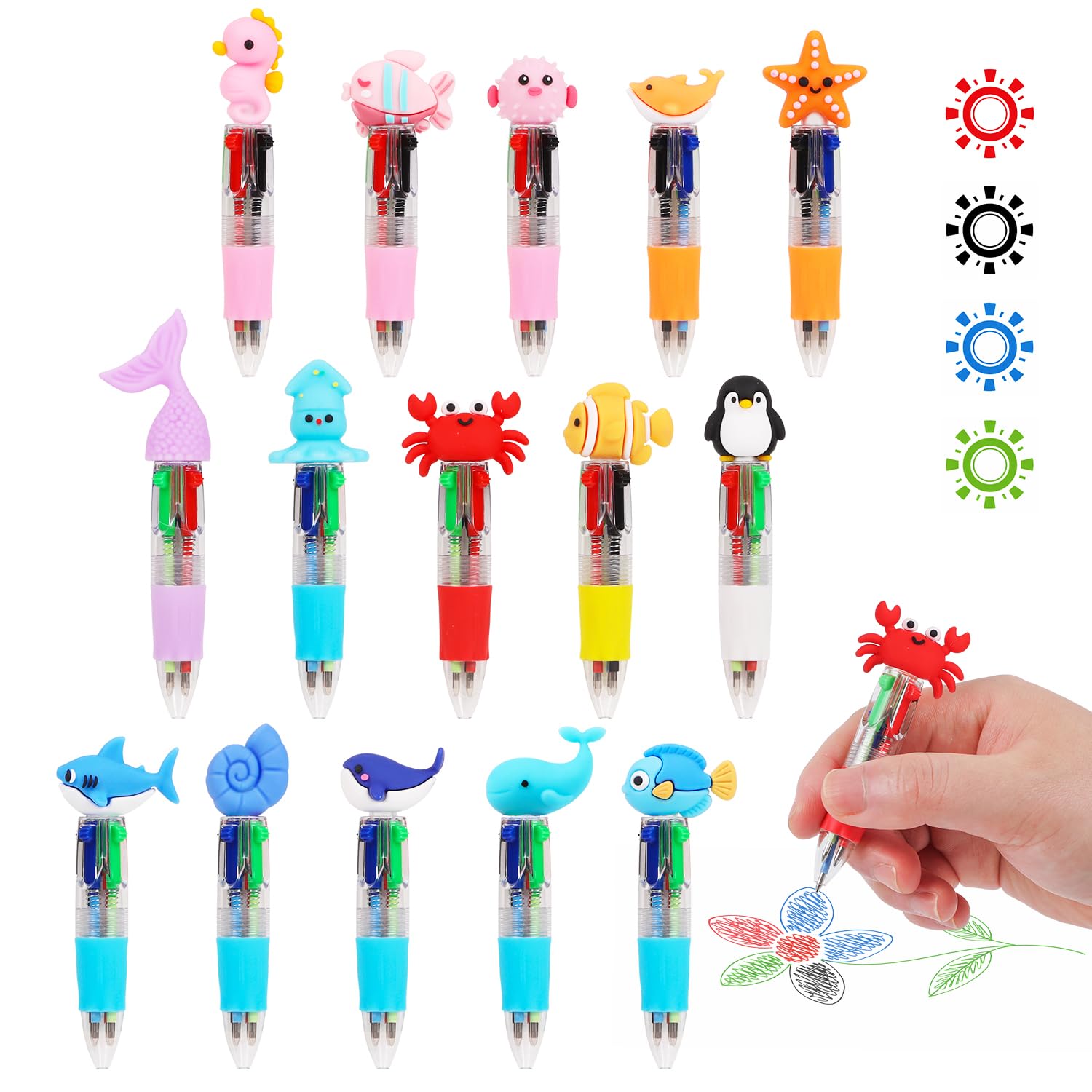 VEYLIN 15 PCS Multi-Coloured Pens Set, Mini Retractable Fun Pens for Kids, Novelty Pens for Party Bag Fillers & School Class Gifts (15pcs ocean)