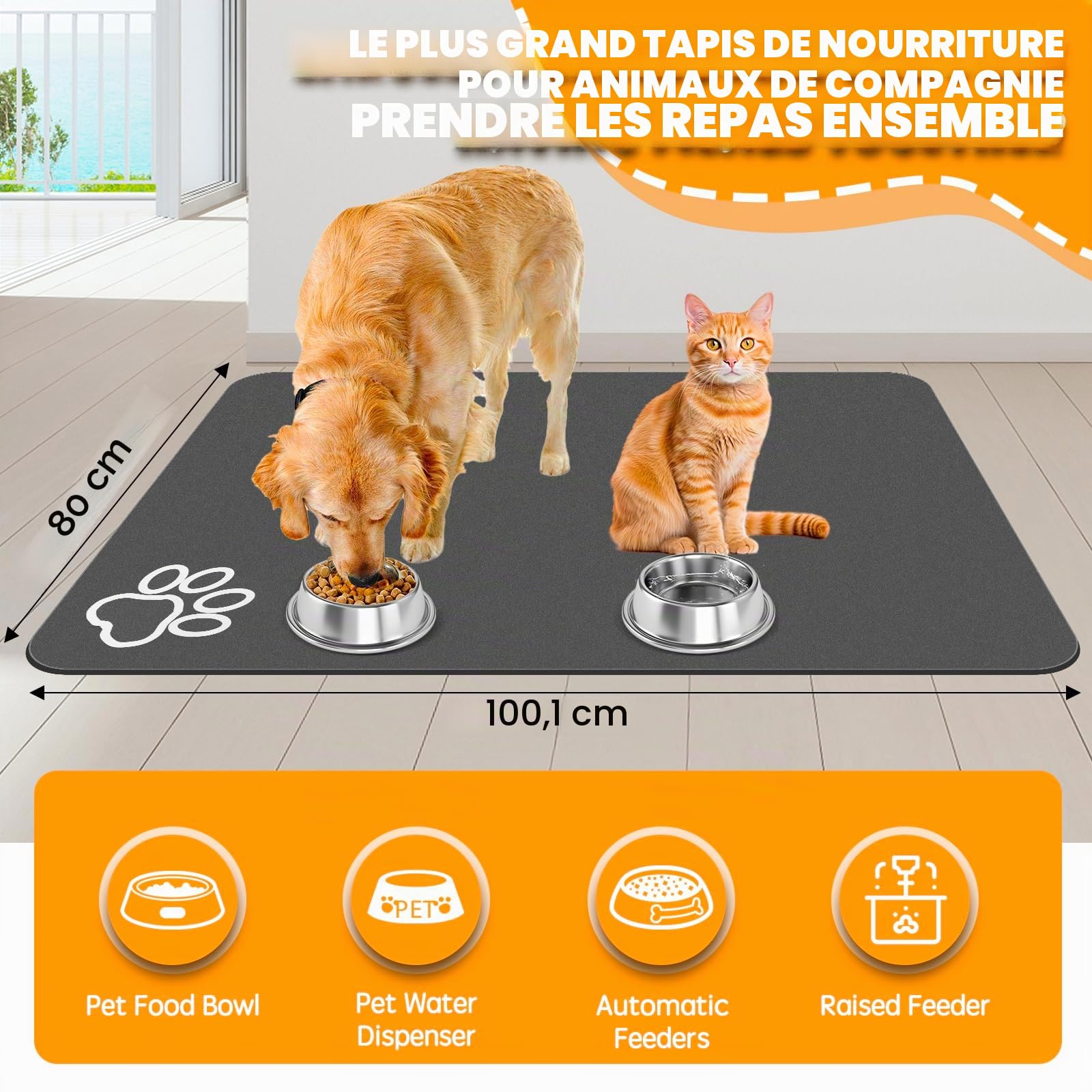 Tapis de nourriture pour chien, 100,1 x 80 cm, le plus grand tapis absorbant pour la nourriture et l'eau, tapis antidérapant pour gamelle pour chat, pas de taches, séchage rapide pour distributeur