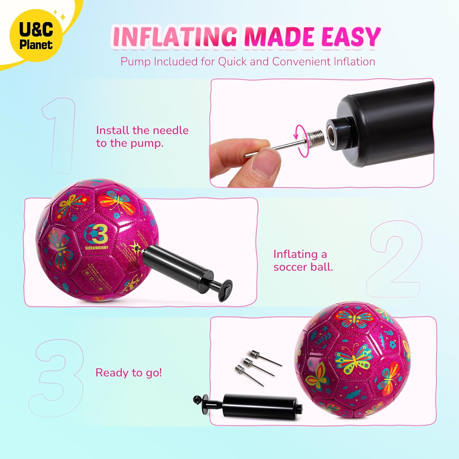 U&C Planet Soccer Ball Size 2 Size 3 Size 4 for Toddler Kids with Pump Deflated, Cartoon Unicorn Dinosaur Soccer Ball Toy for Girls Boys 1-3 2-8 6-12