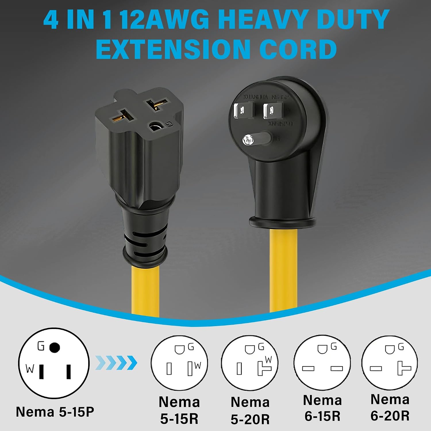 URANT12AWG Heavy Duty Extension Cord AC Plug Adapter [4-in-1],Compatible with NEMA 5-15P to 5-20R/6-15R/6-20R Converter Cables,15A/125V Male to 20A/250V Female T-Shaped Blade Plug Power Cord（6Ft）